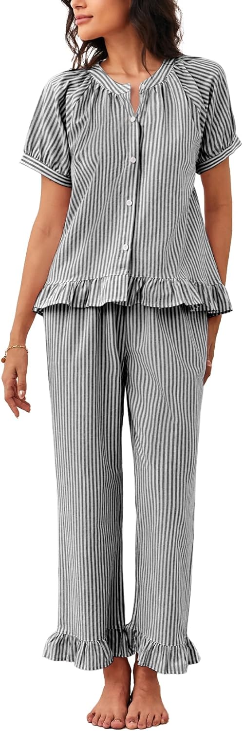 Flygo Womens Striped Pajama Sets 2 Piece Cotton Pjs Lounge Set Ruffle Button Down Tops Long Pants Soft Sleepwear with Pockets
