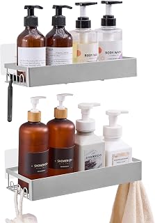 SONGMICS Shower Shelf, Self Adhesive Stainless Bathroom Shelf, 2-Pack | Shower Basket for Bathroom, Steel, 31.5 x 12.5 x 2 cm, Quick Drain, Grey, Parson Collection BCB201E101
