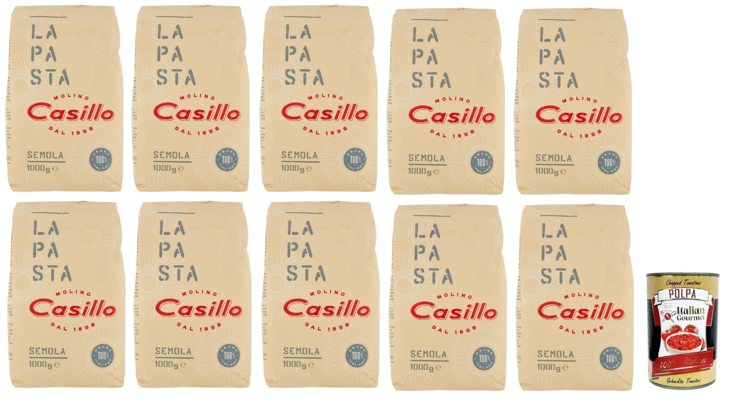 Molino Casillo, Semola di Grano Duro "La pasta", Hartweizengrieß, 100% italienisch, ideal für die Vorbereitung einer Pasta mit einem authentischen Geschmack 10x 1kg + Italian Gourmet polpa 400g