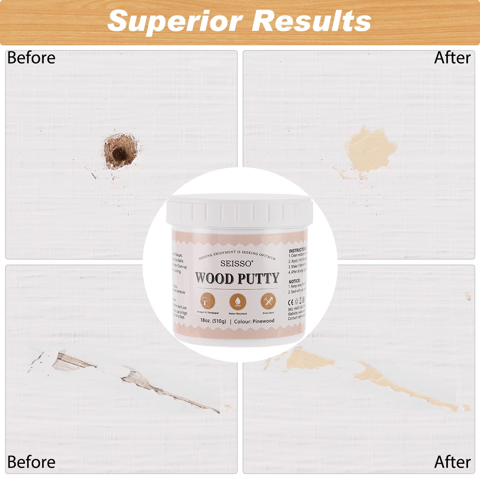 SEISSO Wood Filler, 500g Pinewood Wood Repair Putty, Furniture Repair Set for Repairing Scratches Stains, Cracks, Hole, Table - Image 2