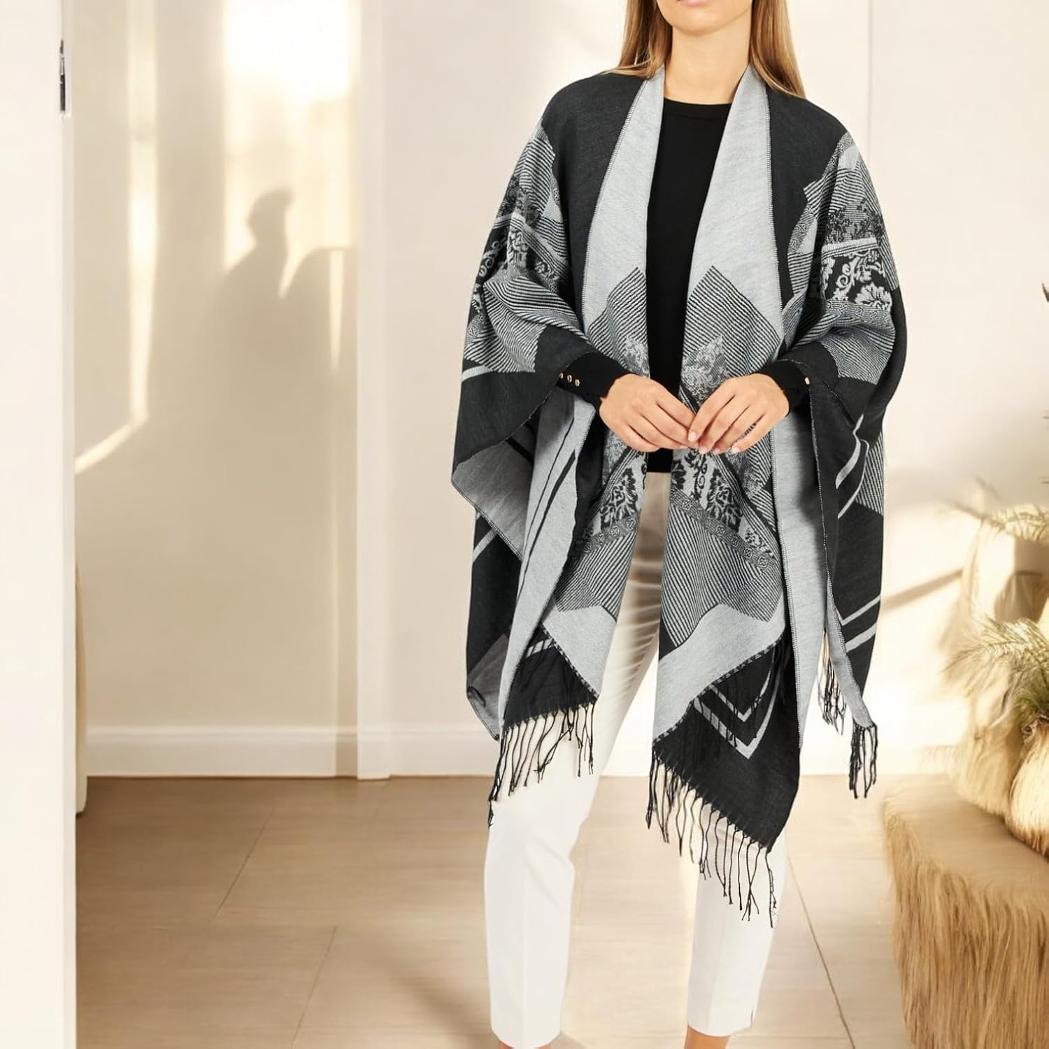 Women's Shawl Wrap Poncho Ruana Cape Cardigan Sweater Open Front for Fall Winter Spring - Image 2