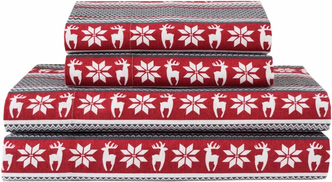 Elite Home Products Deep-Pocketed Winter Nights 100% Cotton Flannel Sheet Set, California King, Deer/Red