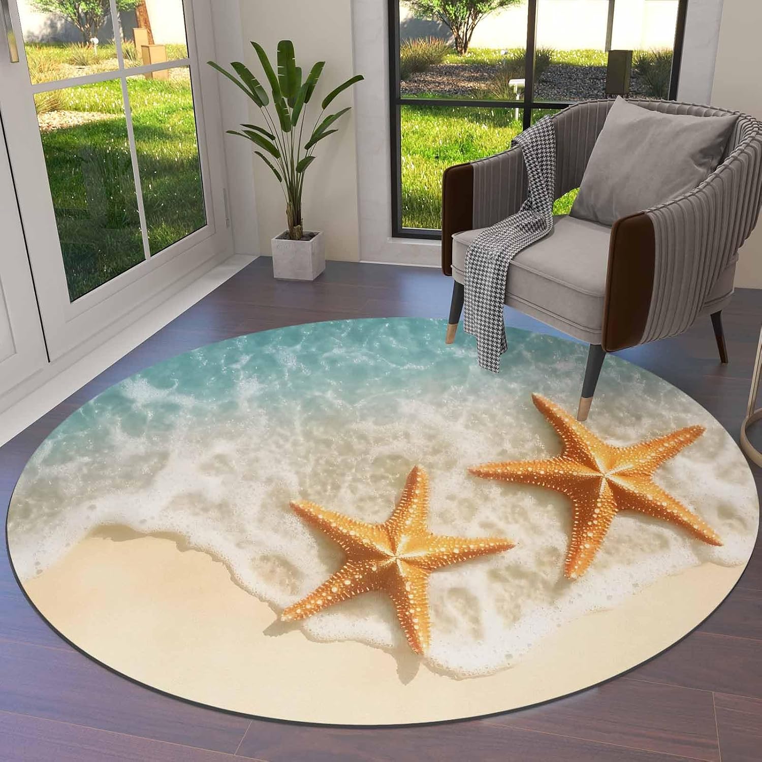 Ocean Beach Round Area Rug for Living Room 3 ft Starfish Round Circle Rugs Washable Rugs Soft Shaggy Carpet for Bedroom Nursery Room Home Decor