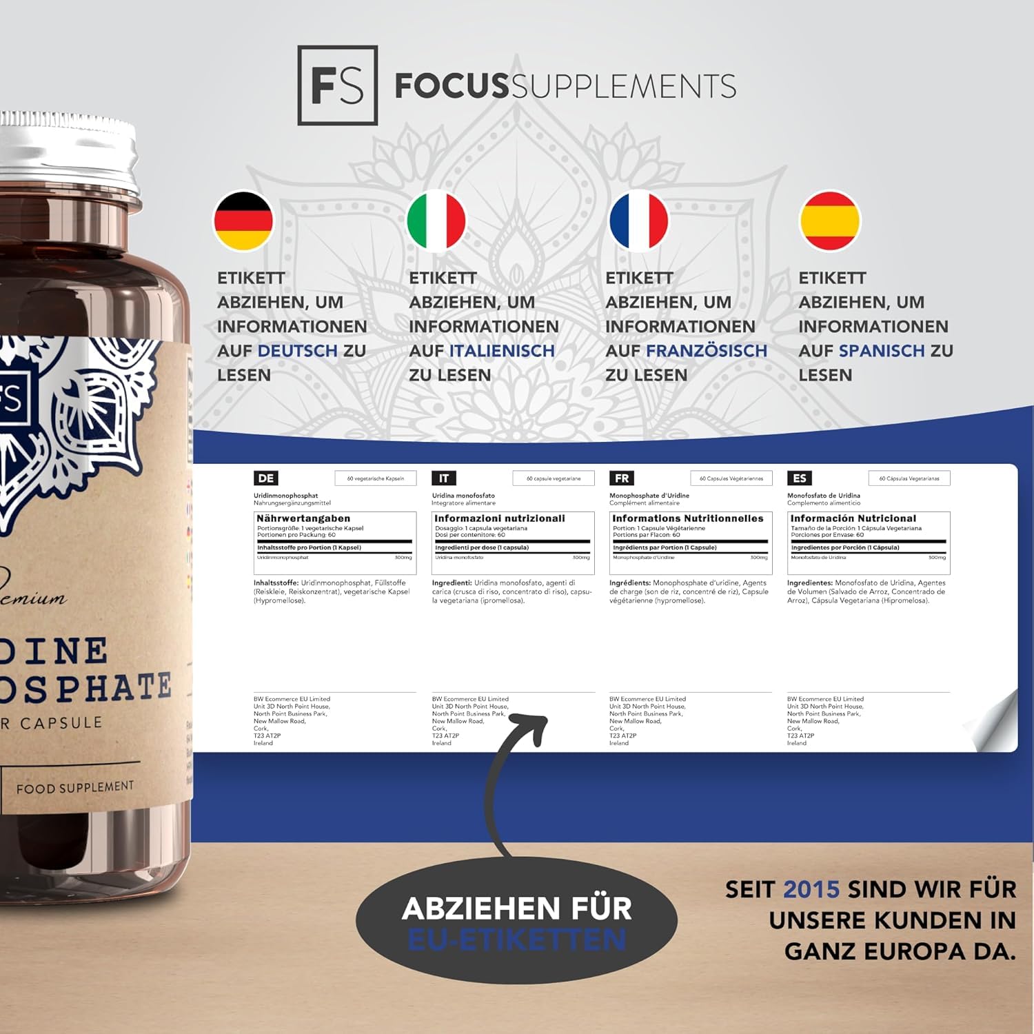 FS Uridinmonophosphat | 60 Uridin Kapseln - Hochdosiertes Uridine Monophosphate - 300mg Uridine pro Portion | Gentechnik-, Gluten- & Allergenfrei | Hergestellt in Großbritannien