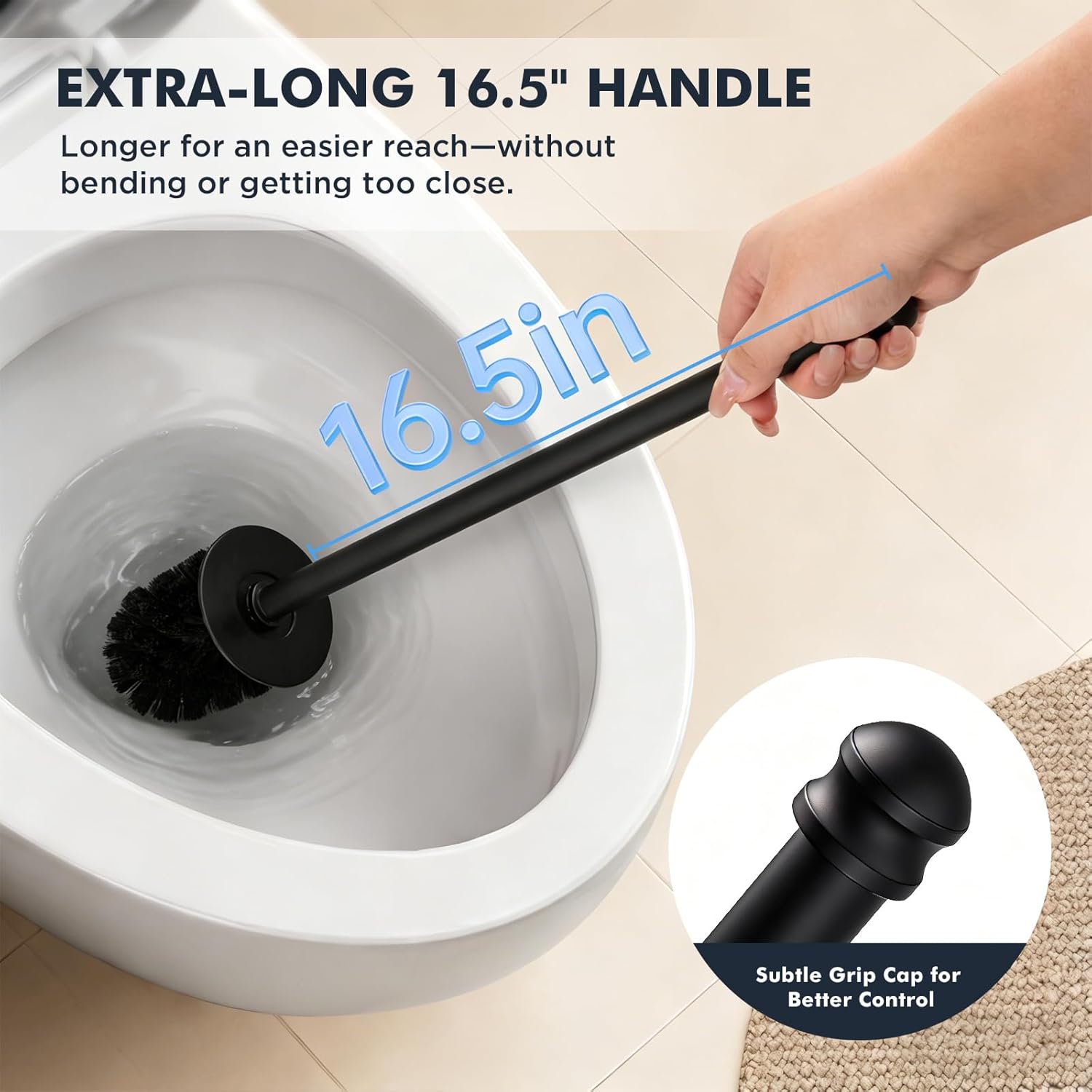 Toilet Brush and Holder Set, Stainless Steel Toilet Bowl Brush with 16.5" Long-Reach Handle, Tilted Canister with Concealed Brush Head & Anti-Splash Shield for Bathroom Cleaning, 1 Spare Head Included
