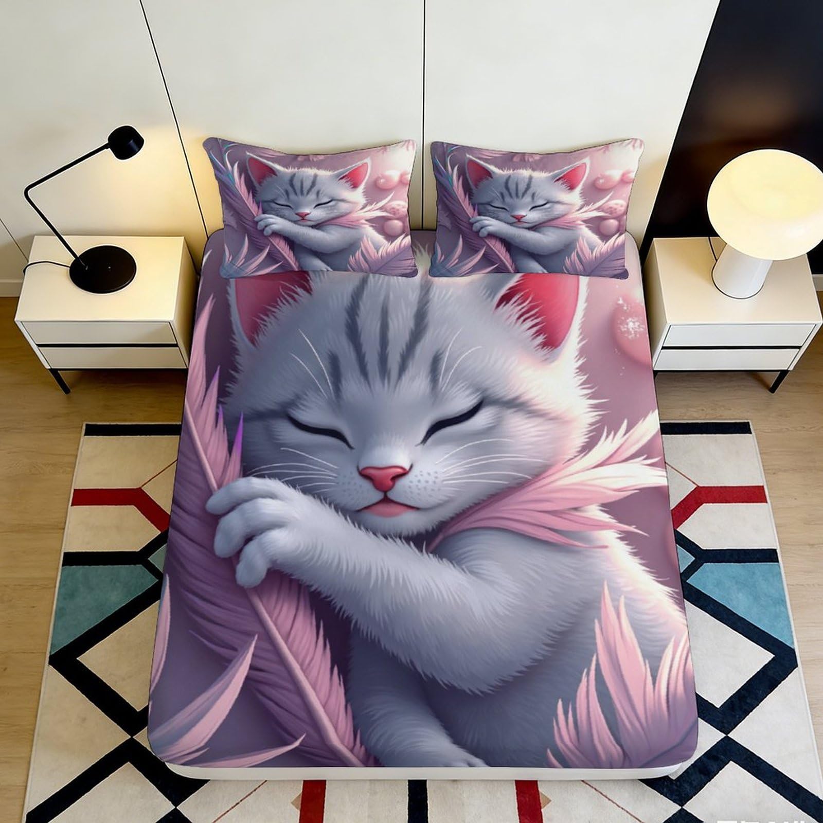 3D Printed Cute Sleeping Cat Fitted Sheet Microfiber Soft Pink Grey Cartoon Bed Cover for Bedroom Dorm Decor 90x200x25cm