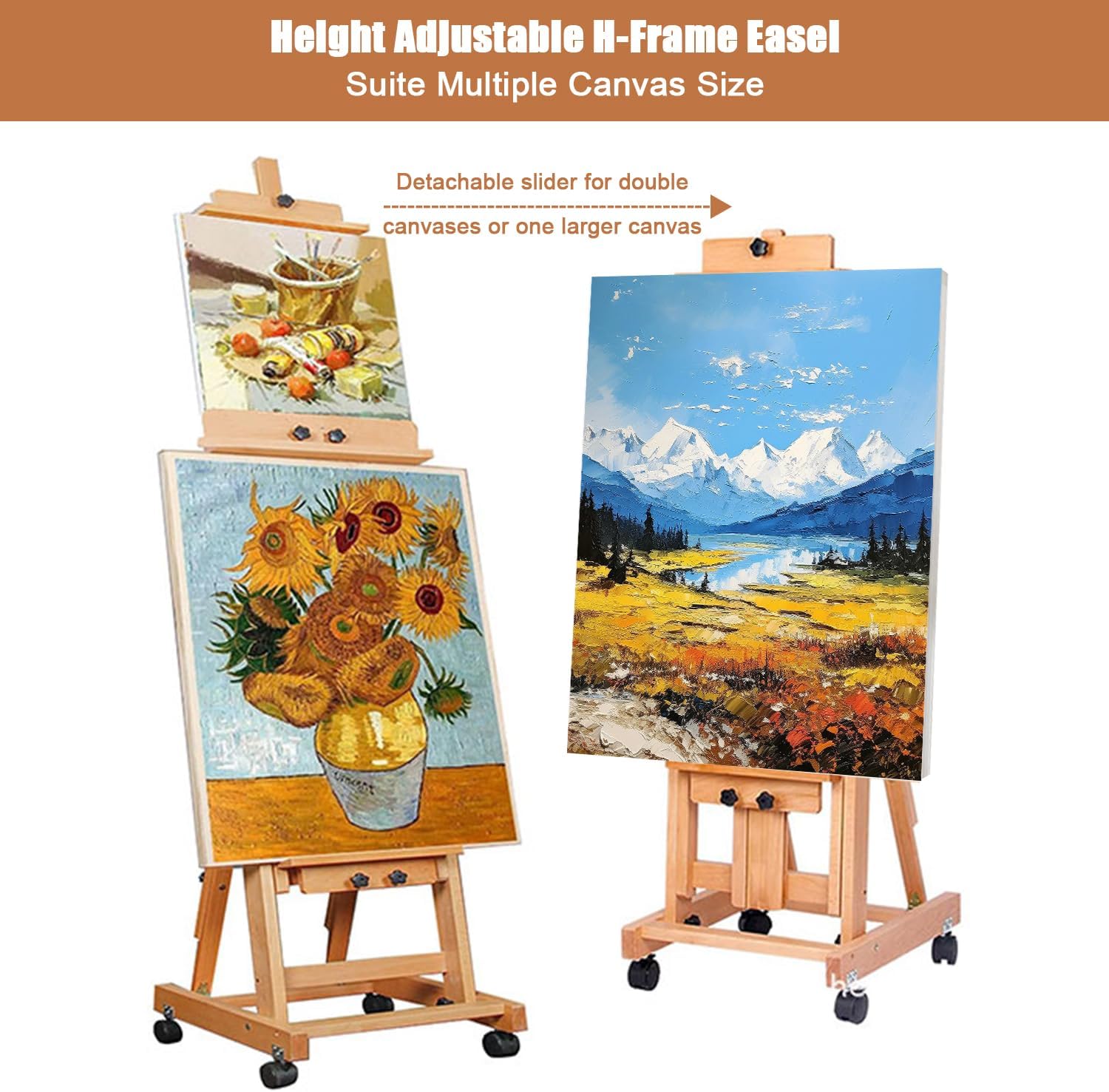 Art Easel for Painting, Large H-Frame Standing Studio Painting Easel Tilting Flat Adjustable with Wheels for Adults Artist, Can Holds 2 Canvases