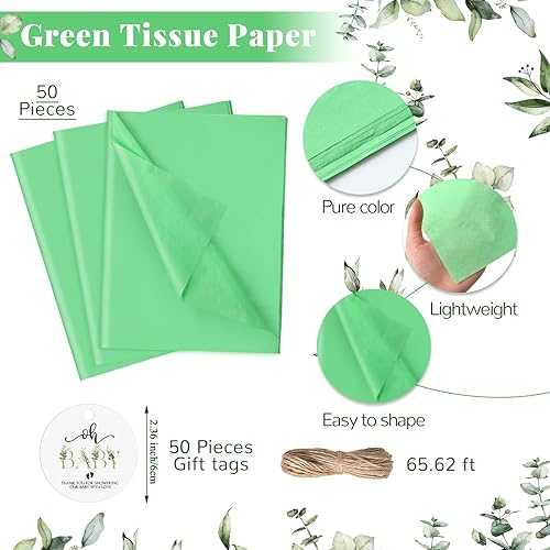 Miniatura 3 de PerKoop Paquete de 50 bolsas de regalo de bienvenida de baby shower con 50 papel de seda verde, 50 etiquetas, 1 cuerda para baby shower, bolsas de