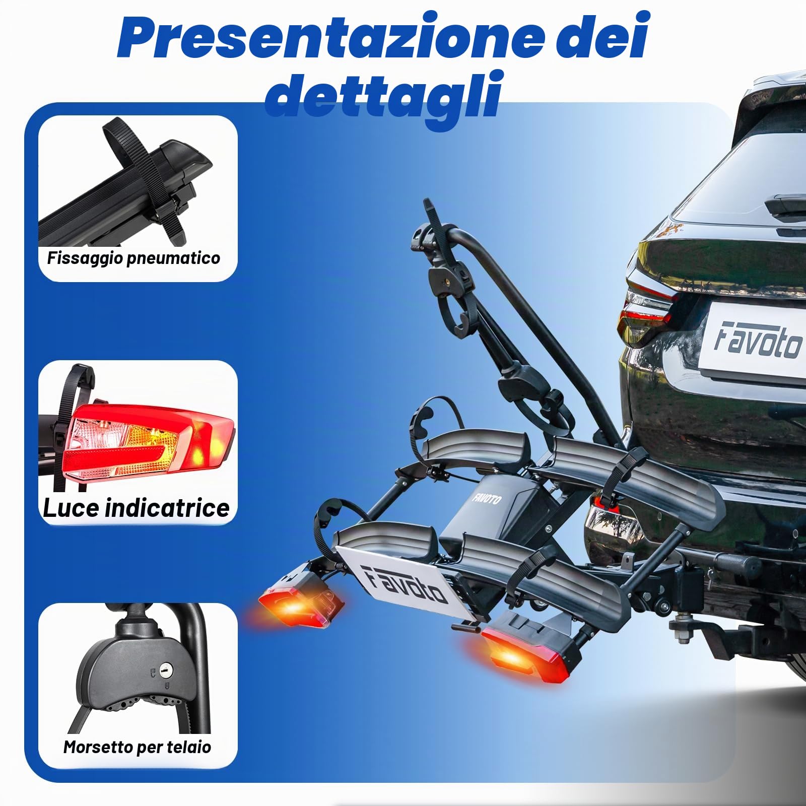 Favoto Portabici per E-Bike con Rampa Pieghevole – Gancio Traino in Alluminio per 2 Bici fino a 60kg con Fanali Posteriori Serratura Antifurto e Porta Targa Compatibile con Pneumatici fino a 26x4.0"