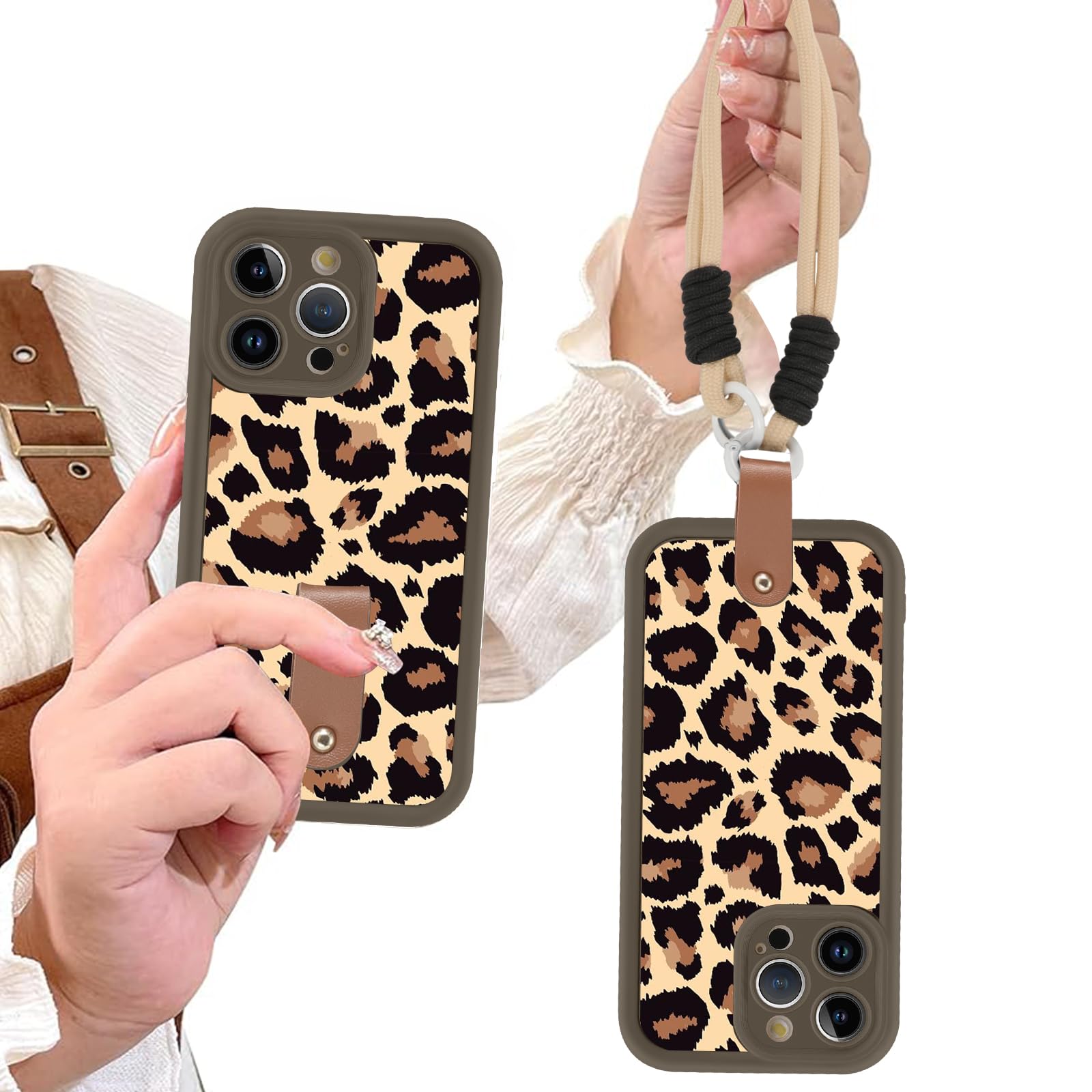 Custodia IPhone 16 Pro Max Con Cordino: Silicone Morbido Con Stampa Leopardo E Mucca Marrone | Protezione Antiurto + Tracolla A Catena - 3
