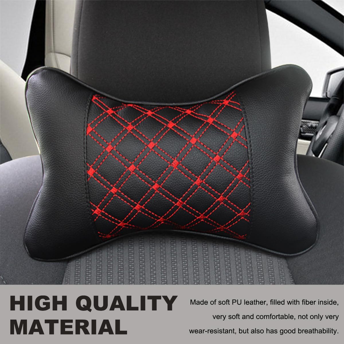 DXNQ 2PCS Car Neck Pillow, Soft Leather Headrest Pillow for Car Support Neck, Breathable Ergonomic Neck Support Relief Cushion for Driving with Adjustable Strap, Universal Car Accessories (Black&Red)