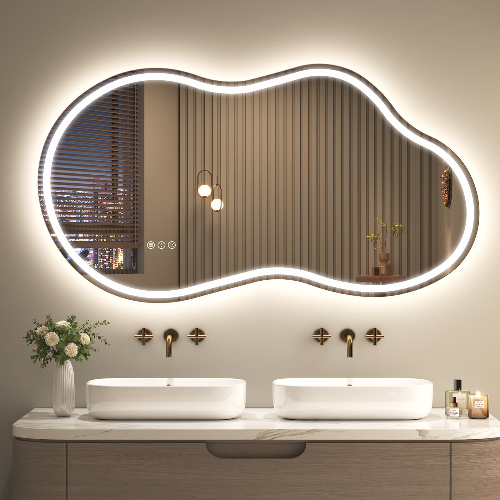 Photo 1 of SMIROR 48x26 Irregular Led Lighted Bathroom Vanity Mirror