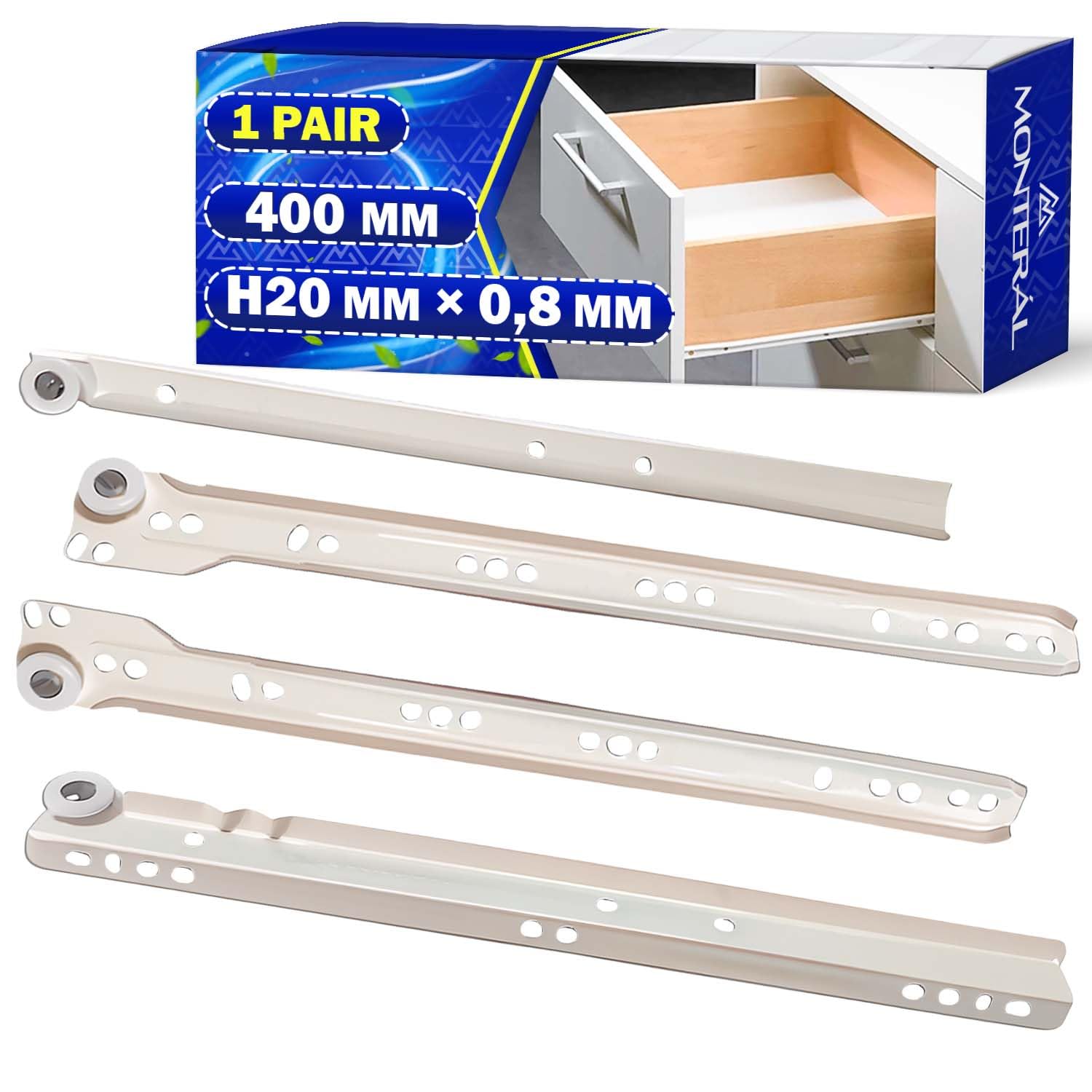 1 Pair Drawer Runners 400mm H20 mm x 0,8 mm White