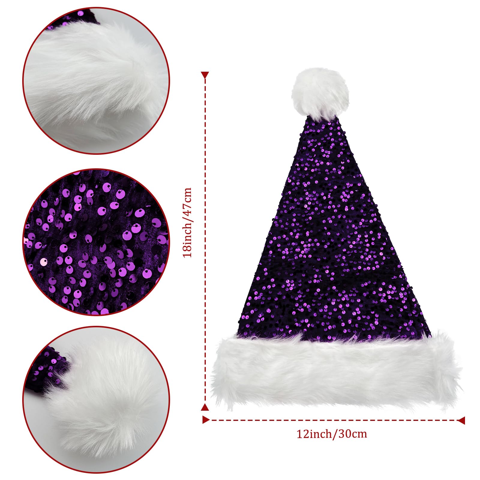 DegGod 1 Pack Personalized Purple Sequin Christmas Hats with Embroidered Name, Plush Custom Xmas Short Santa Hat with White Faux Fur Trim for Adults Children Women Men Christmas Decorative Hats