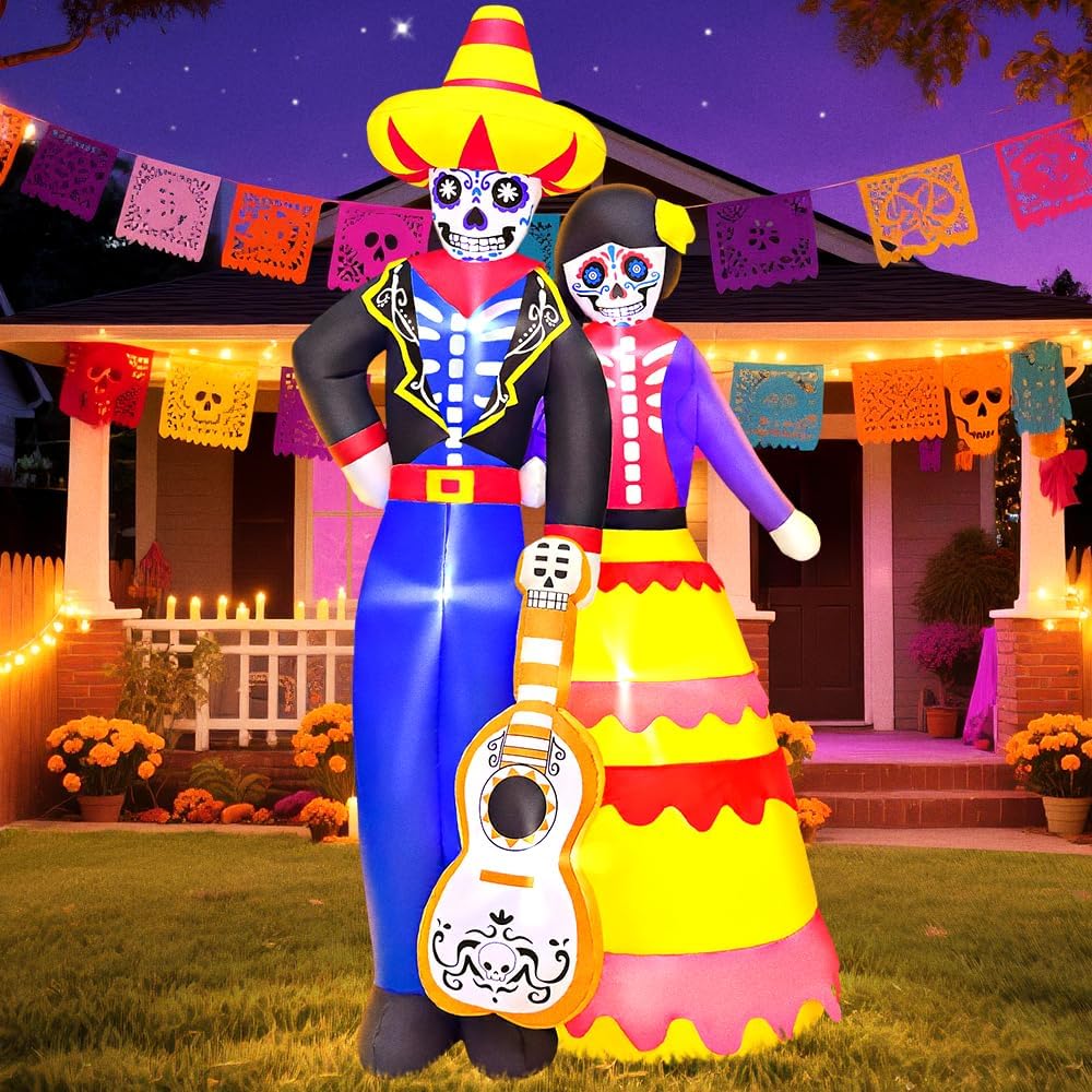6FT Halloween Inflatable Decoration, Dia de Los Muertos Ghost Couple of The Dead Decorations, Built in LED Lights for Halloween Party, Indoor, Outdoor, Garden, Yard Lawn Décor