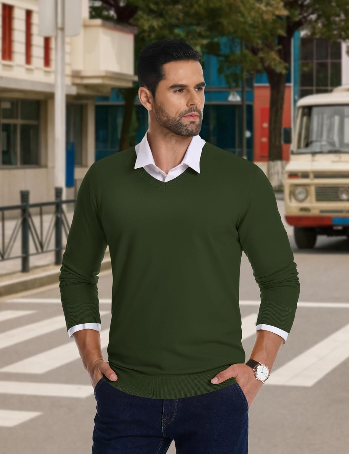 CRYSULLY Men's V Neck Sweater Knitted Pullover Casual Soft Lightweight Long Sleeve Dress Sweater - Image 5