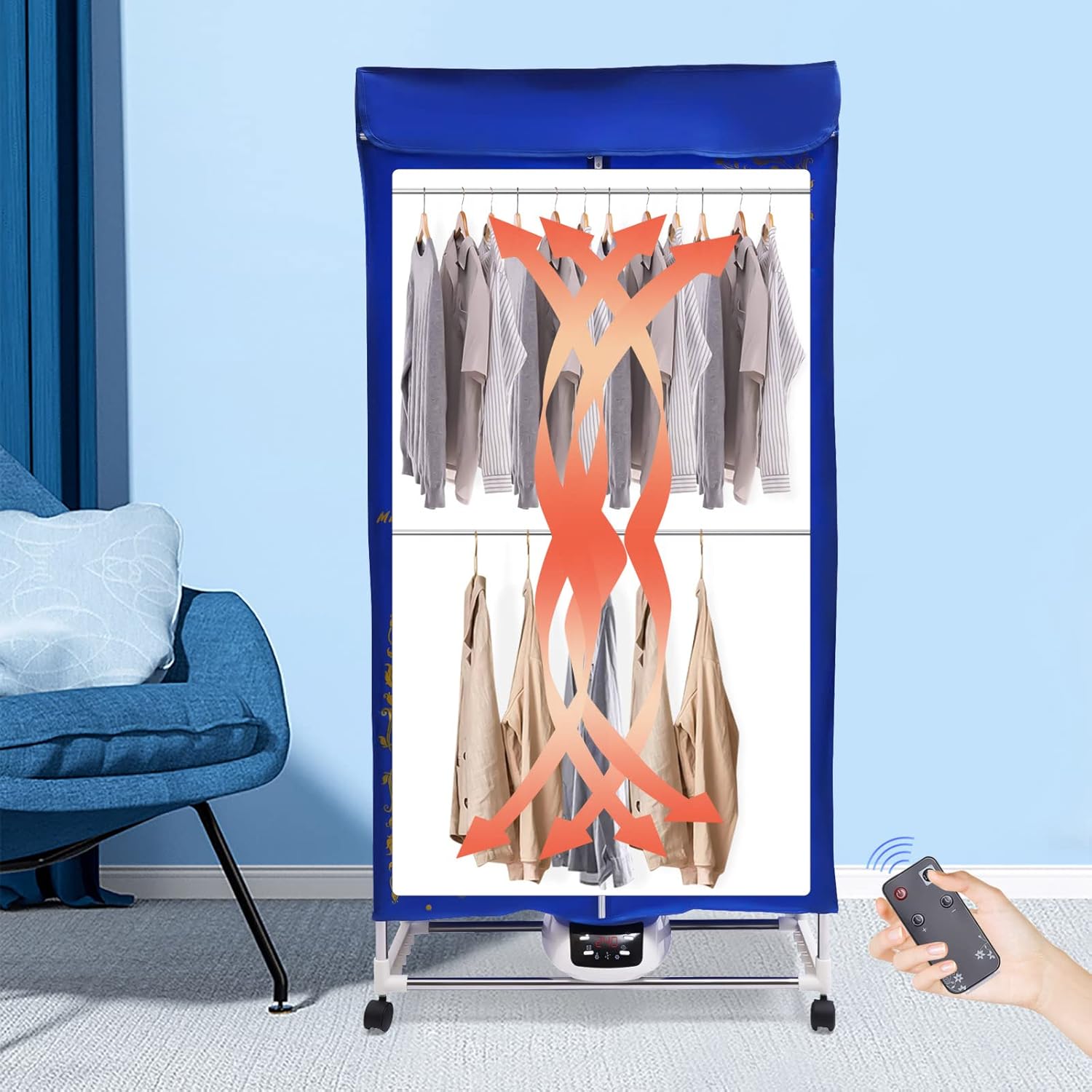 Portable Clothes Dryer with Remote Control, 1200-1500W 110V PTC 5-Layer Heating, 2-Tier Foldable Stainless Steel Rack w/Wheels, <45dB Quiet Dryer for Apartment, Travel, RV, Home, Blue