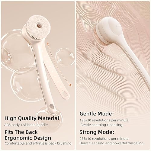 Miniatura 5 de Cepillo corporal eléctrico para ducha, limpiador de cuerpo largo impermeable de doble mango con 3 cabezales, cepillo de baño recargable y 2