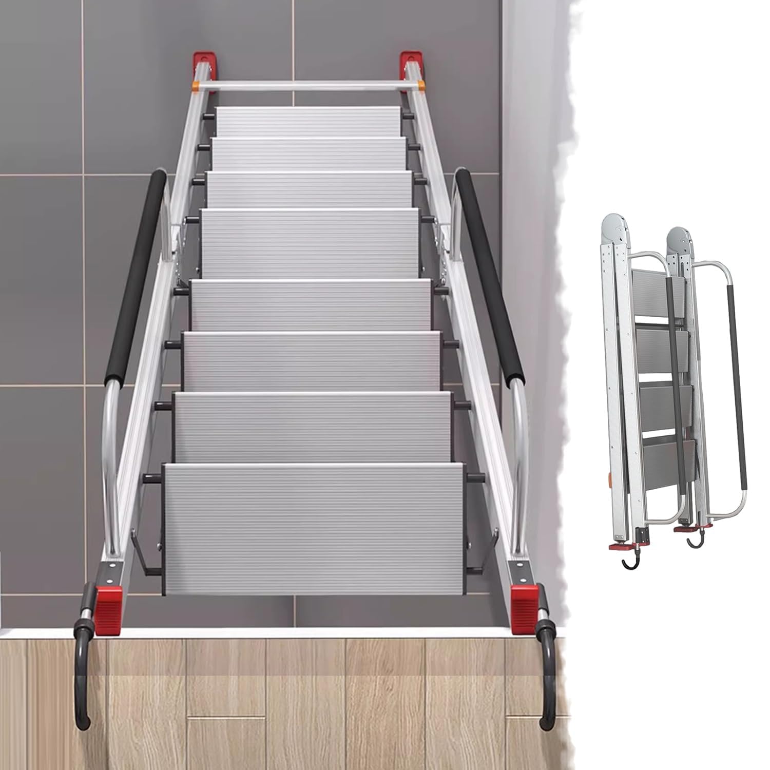 Scala pieghevole per soppalco con corrimano, scala di emergenza per pozzo finestra e cantina, design compatto e robusto