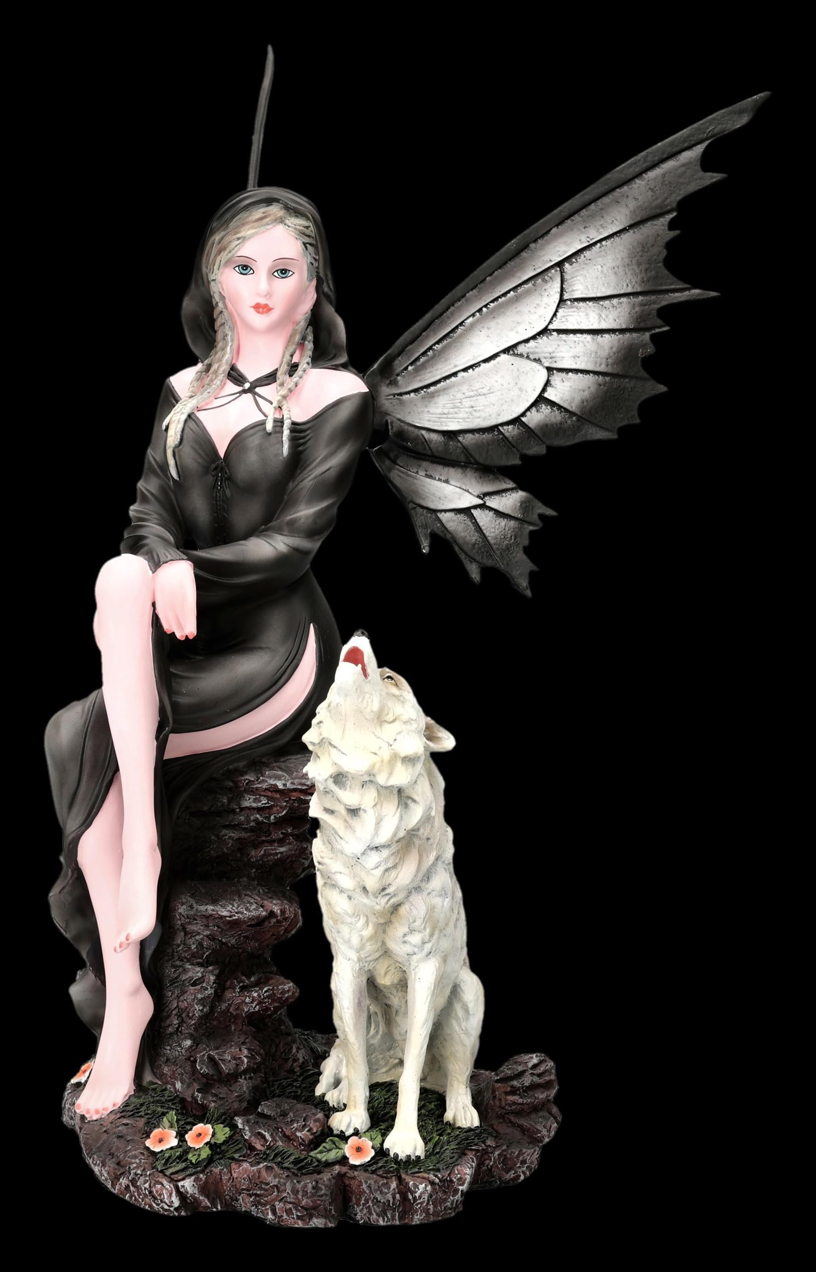 Figuren Shop GmbH Elfenfigur – Nyara, Mondwächterin mit Wolf – handbemalte Fantasy-Deko (32 cm) – Tales of Aurelion Collection – Geschenkidee für Nacht- & Mondfreunde