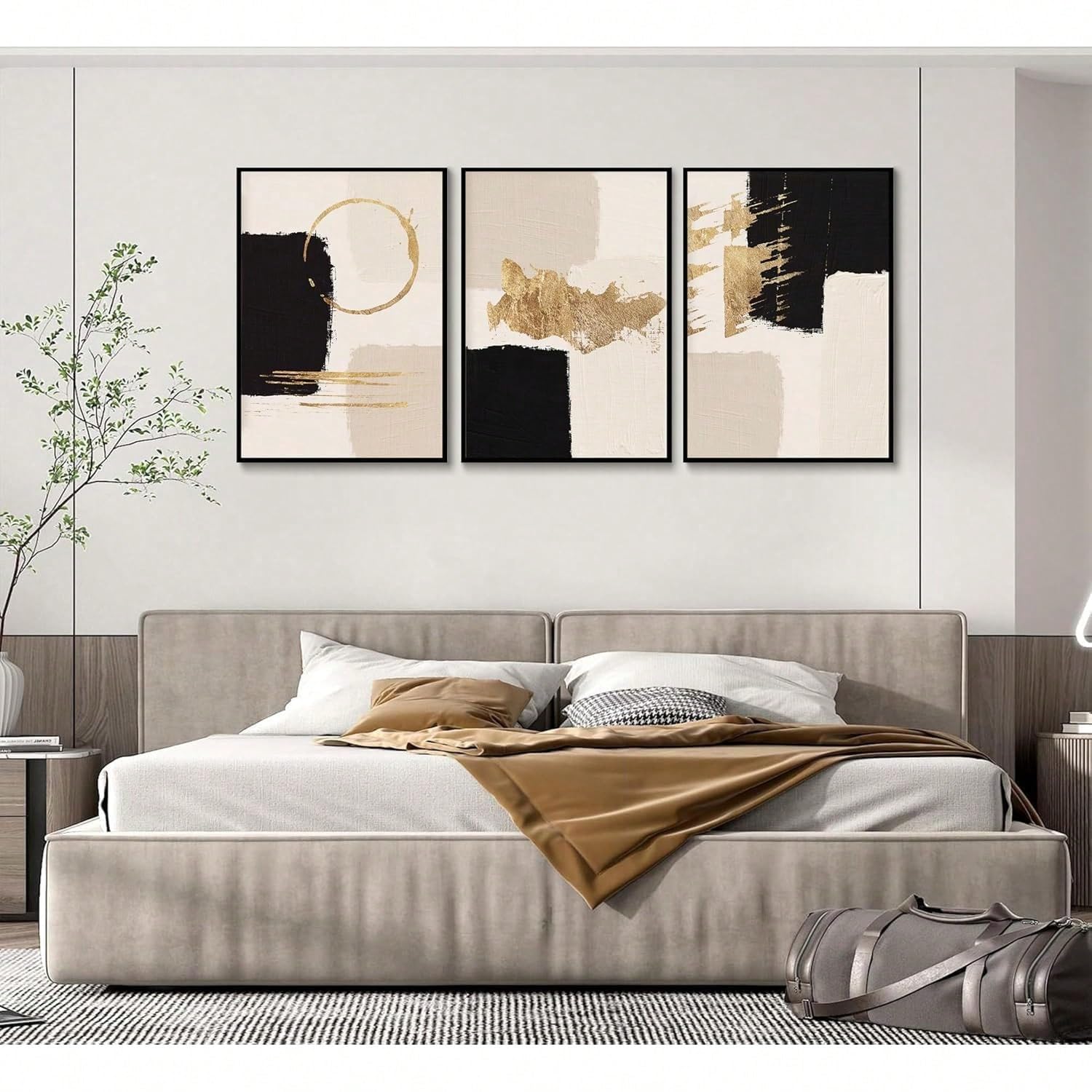 UUDEZO 3 szt. Czarno-złoty obraz ścienny artystyczny geometryczny druk na płótnie, nowoczesny beżowy obraz dekoracja ścienna do salonu (70 x 90 cm (28 x 35 cali) x 3)