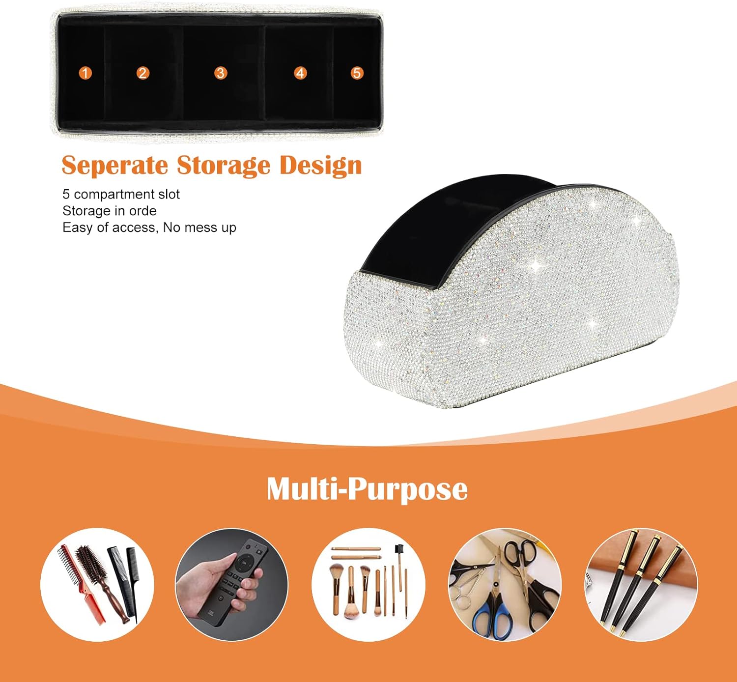 KEYPOWER Remote Control Holder Organizer Table Desk Leather Control Storage TV Remote Control Organizer with 5 Spacious Compartments Bling Crystal Luxury Handmade Diamond (White)