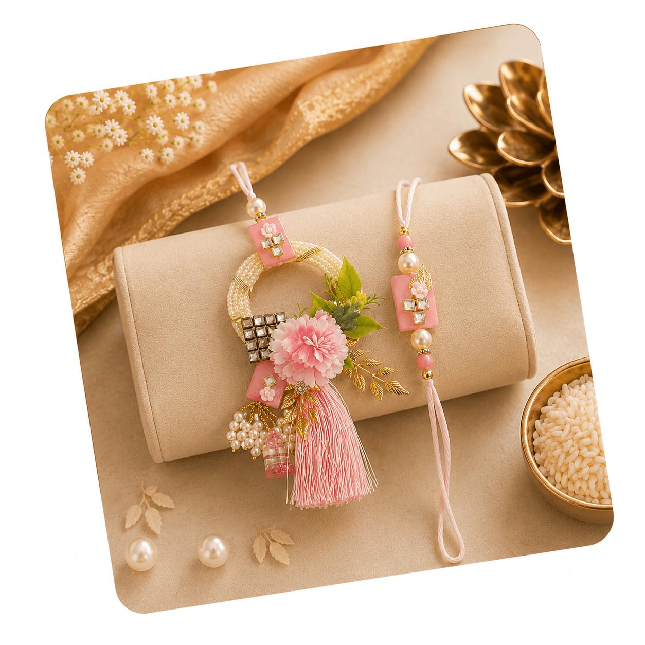 tied ribbons Rakhi for Brother and Bhabhi Combo - Designer Floral Couple Rakhi Set of 2 with Greeting Card and Tikka - Hanging Lumba Rakhi for Bhaiya Bhabhi - Rakhi for Rakshabandhan-picture-7