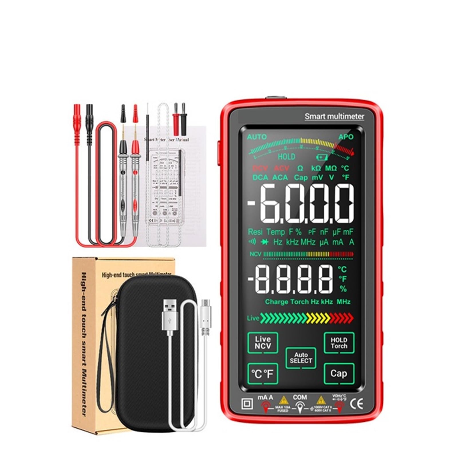 Tester Multimetru Inteligentny Multimetr Cyfrowy Ekran Dotykowy 6000 Liczy AC/DC Amperomierz Woltomierz Akumulator Ohm Dioda NCV Multimetr Tester Precyzja Bezpieczny(683)