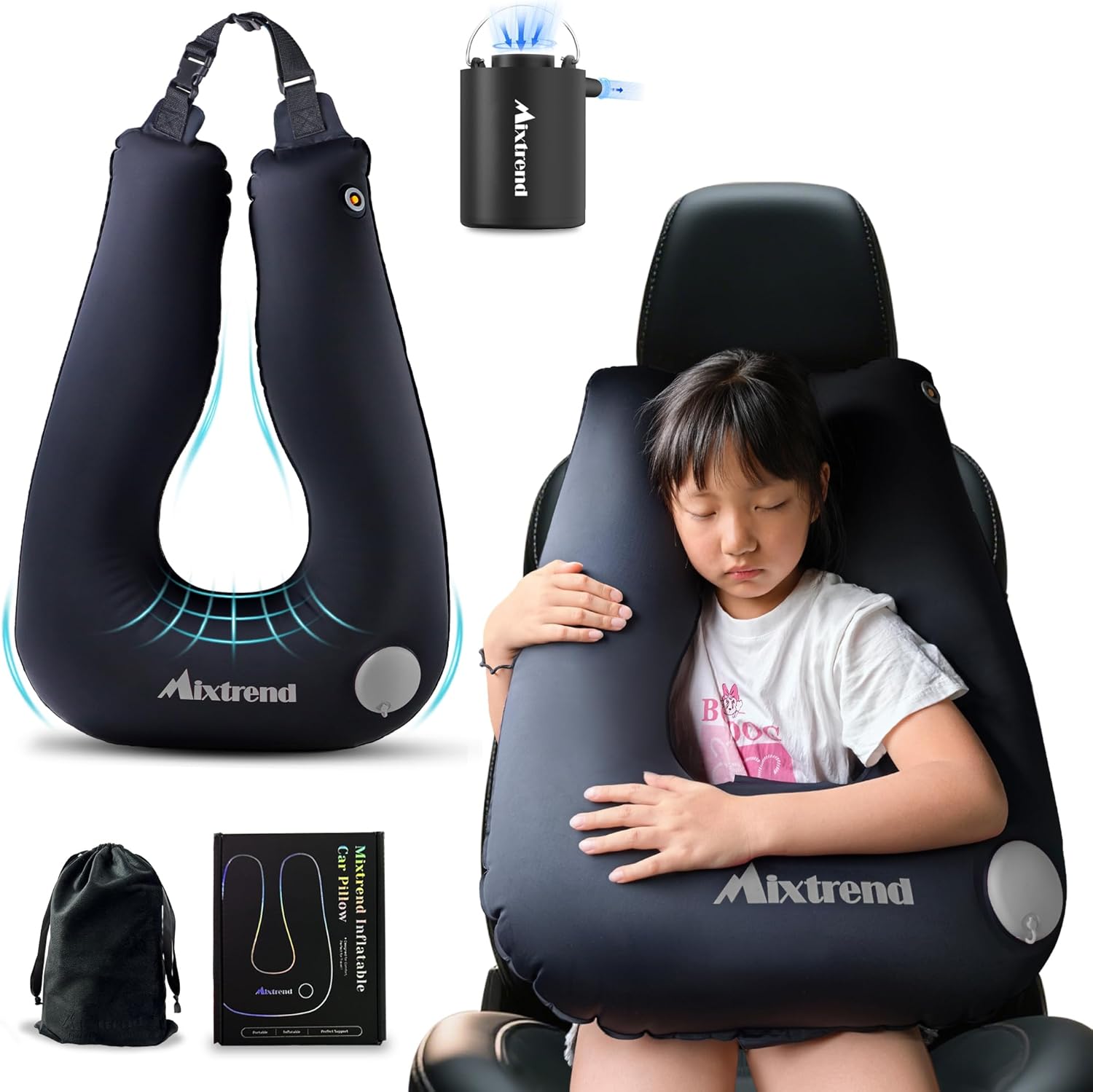 Car Pillow for Kids, Inflatable Travel Pillow Car Sleeping Pillow for Adults – Car Neck & Head Support for Long Road Trips, Kids Sleeping Aid with Mini E-Pump