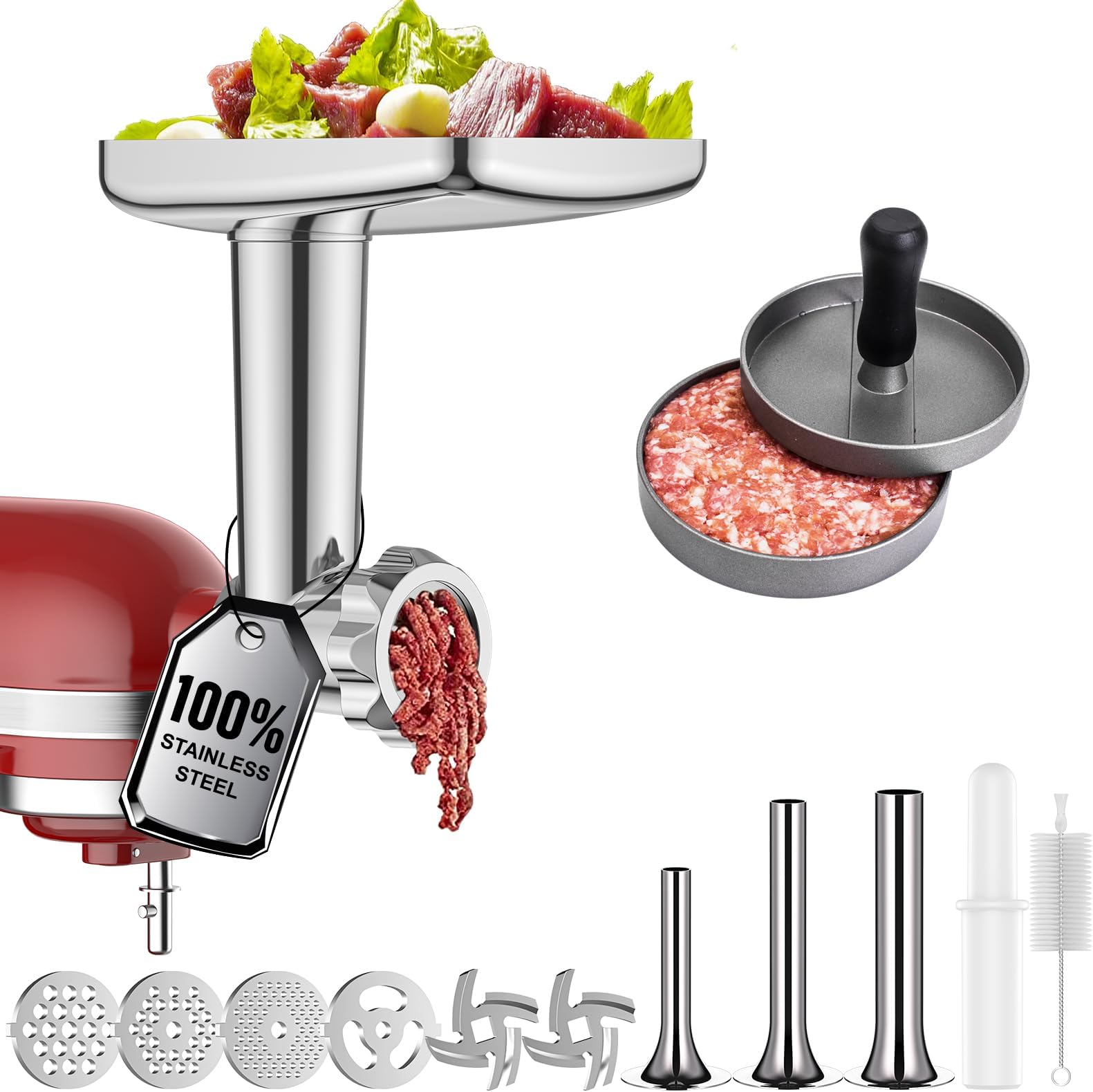 Stainless Steel Meat Grinder for KitchenAid Mixer, Meat Grinders, Sausage Stuffer, Burger Press, For Kitchen Aid Meat Grinder Attachment for KitchenAid Stand Mixer, Dishwasher Safe