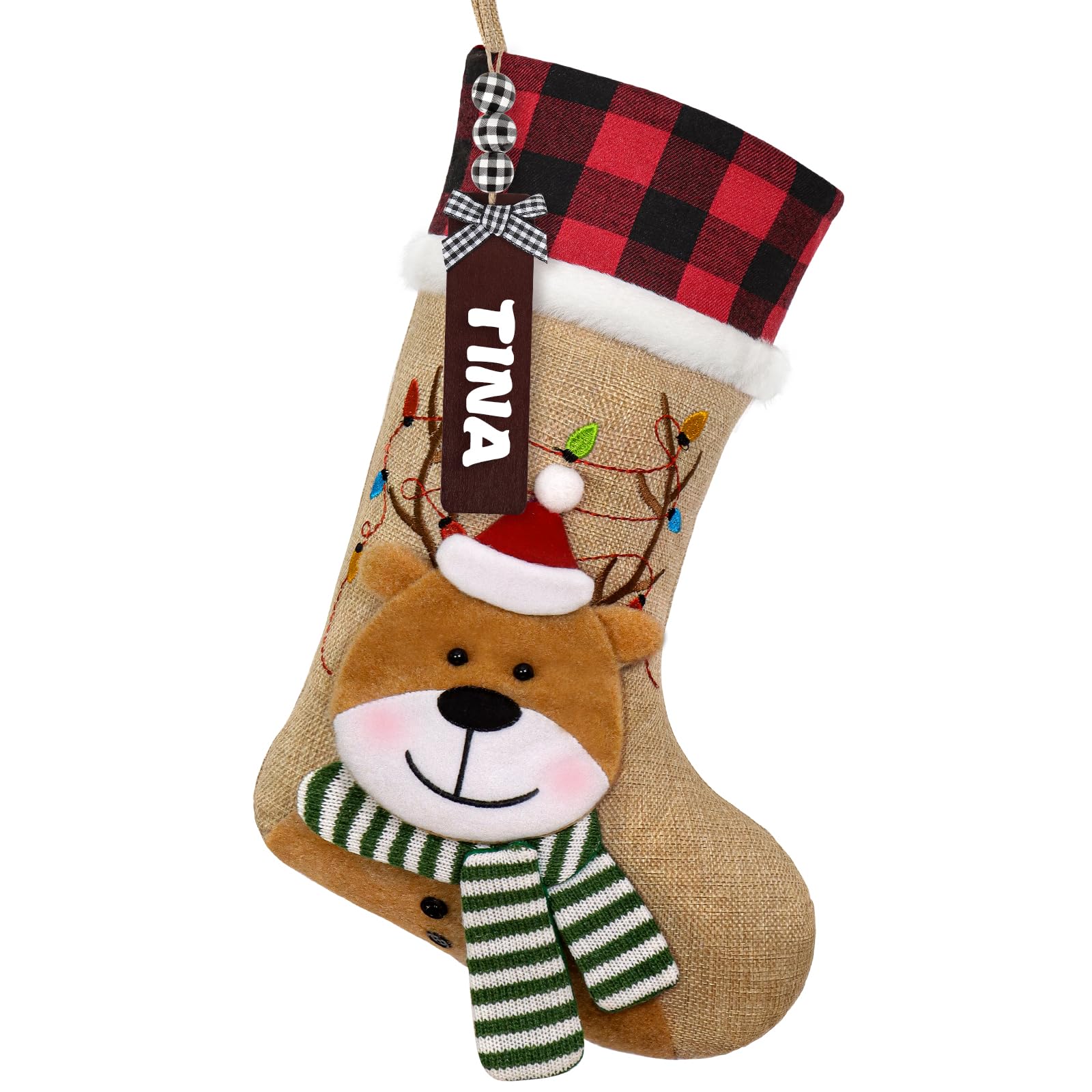 ASTNIC Calcetin de Navidad Grande con Etiquetas con Nombre Bolsa de Regalo de Calcetines de Navidad Personalizada en 3D Reno Calcetin de Navidad Colgar Decoración Navideña