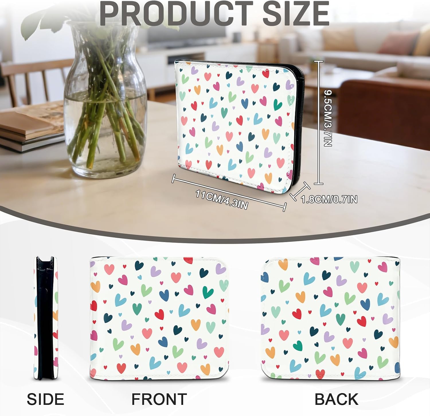 Colorful Heart Wallet for Women Men, Bifold Leather Hearts Wallets with Zipper Coin Pocket, Novelty Wallet for Kids Teens Birthday Christmas Gifts