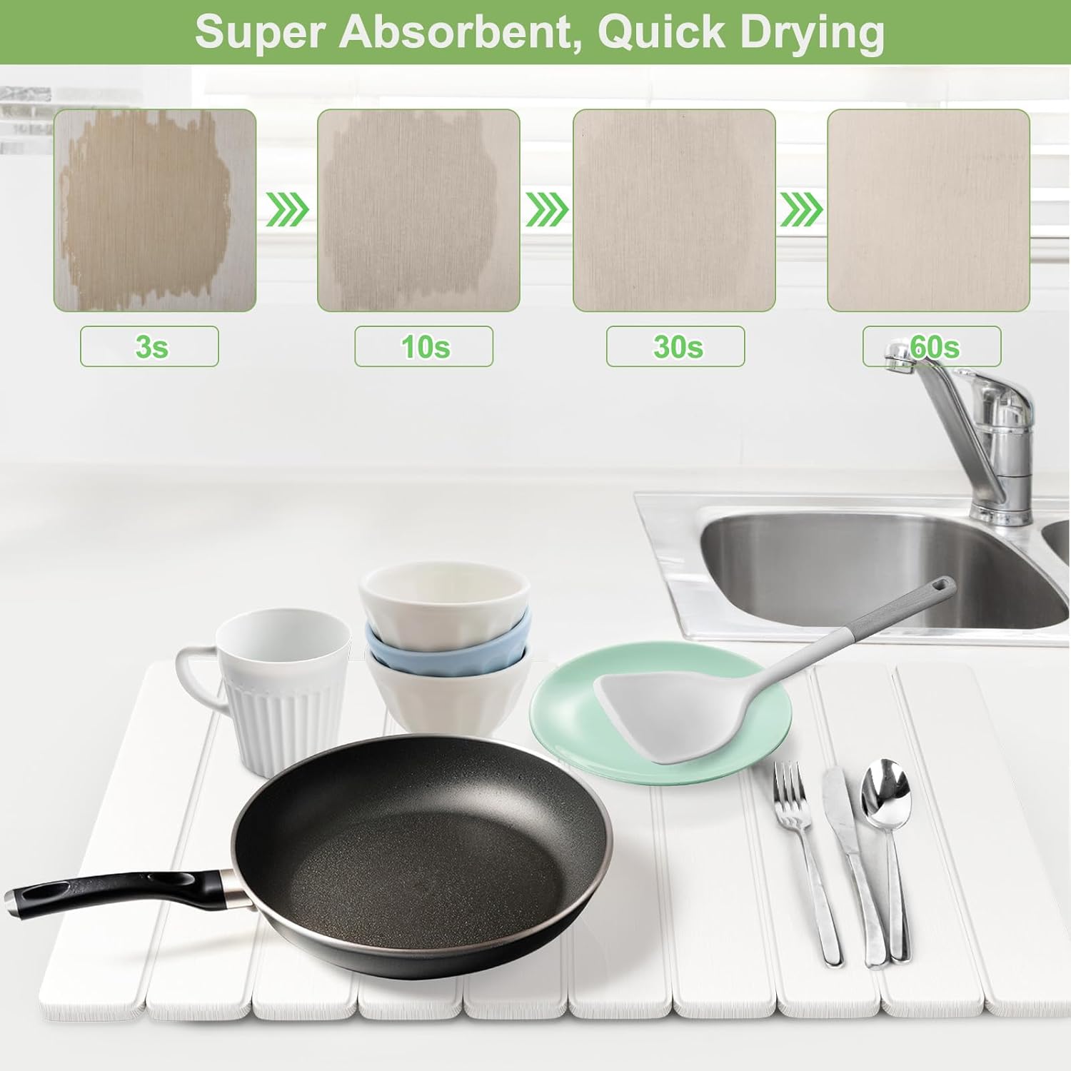 Large Stone Dish Drying Mats for Kitchen Counter, 24x16 Quick Dry Absorbent Drying Matt Kitchen Counter, Diatomaceous Earth Dish Drying Mat, Collapsible Dish Mat Dish Pads for Drying, Peal White White 24" x 16"