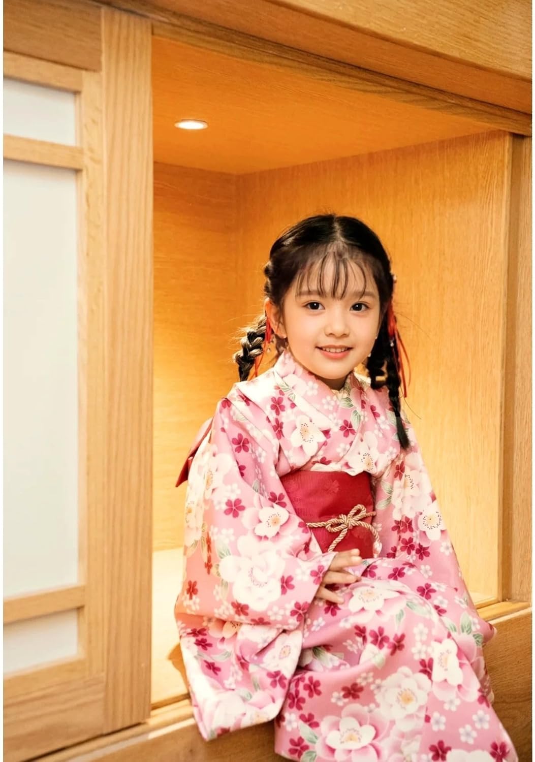 Yukata Kids Girls Japanese Style Kimono Set 3 Piece Outfit Breathable Cute 100% Cotton Japanese Clothing 110-140cm