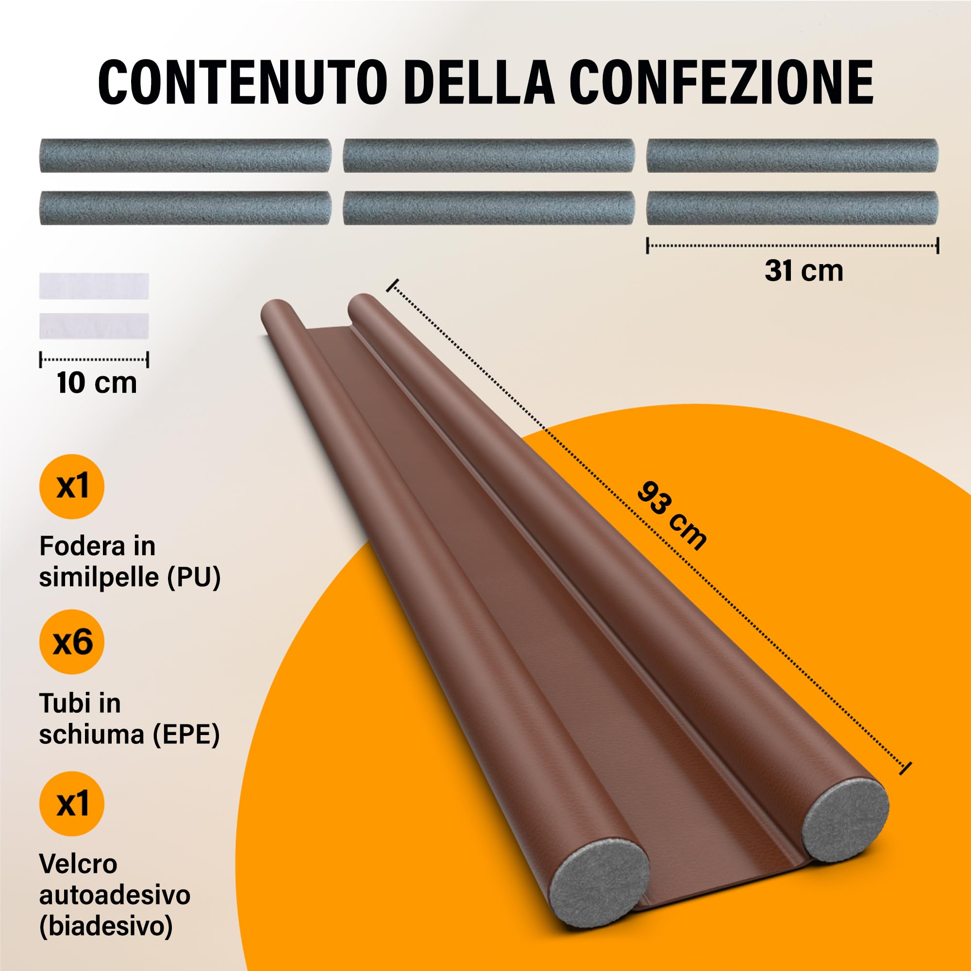 Paraspifferi Sottoporta - Compatibile SOLO con Porte Fino a 5 cm di Spessore (Interne e d’Ingresso) – Isolante Termico, Guarnizione Porta, Antispifferi e Para Spifferi – Marrone, 93 cm