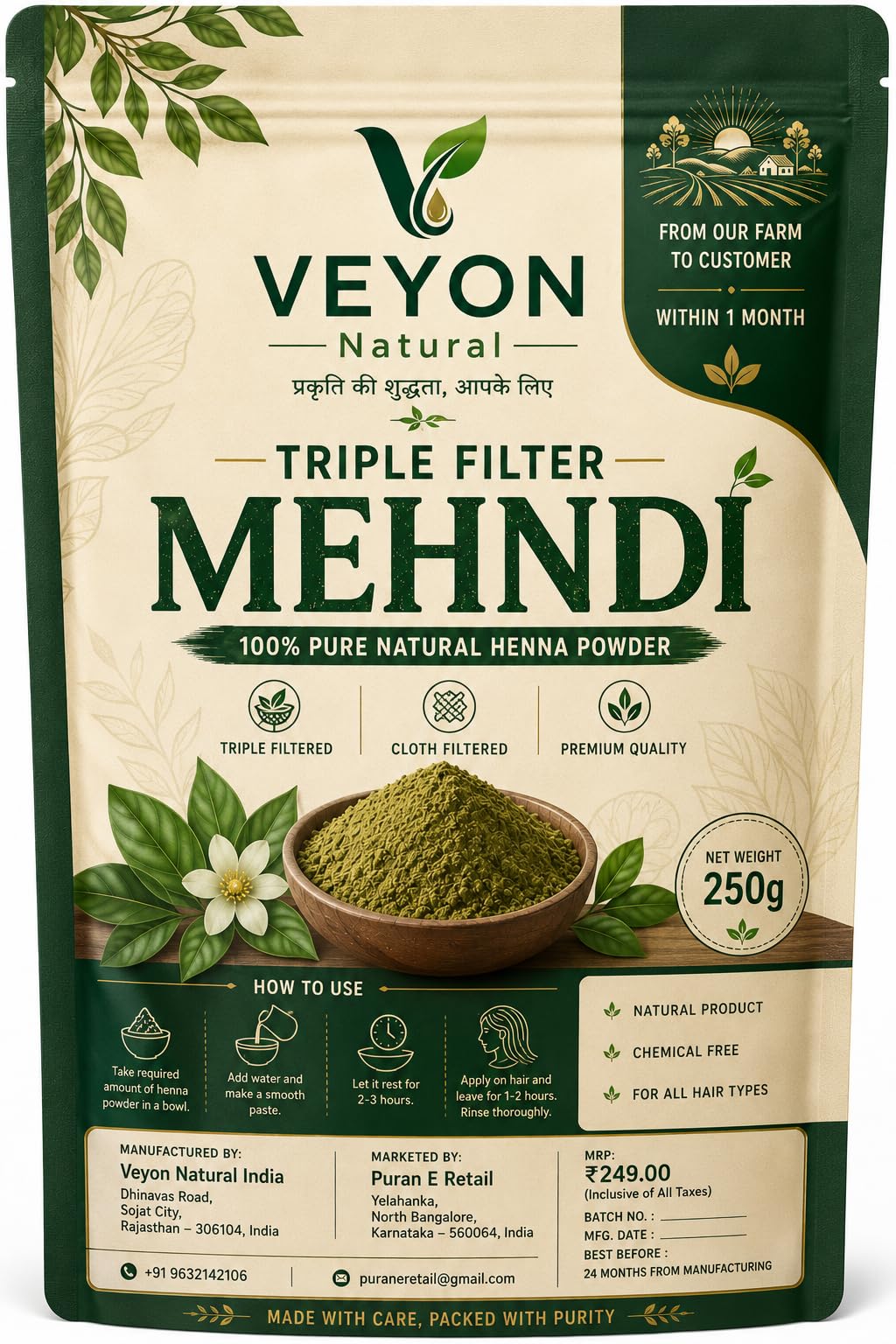Triple Filter Mehndi Henna Powder 250g (pack of 3) | Triple & Cloth Filtered, Chemical Free, For All Hair Types, Hair Color & Conditioning, 100% Pure Natural-image-10