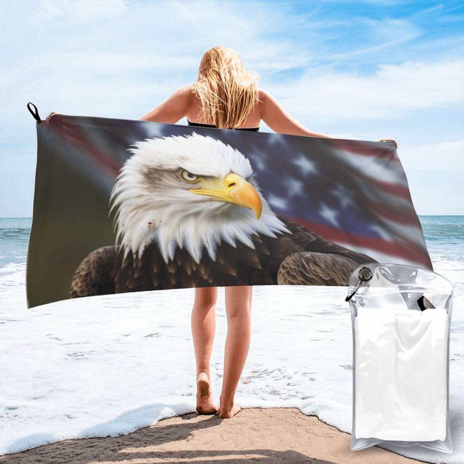 DWVTSLH Microfiber Sand Free Beach Towel 27.5"x55", Quick Dry Absorbent Travel Towel Large Camping Blanket, American Bald Eagle Bath Towels Lightweight Pool Swim Towels for Vacation Essentials