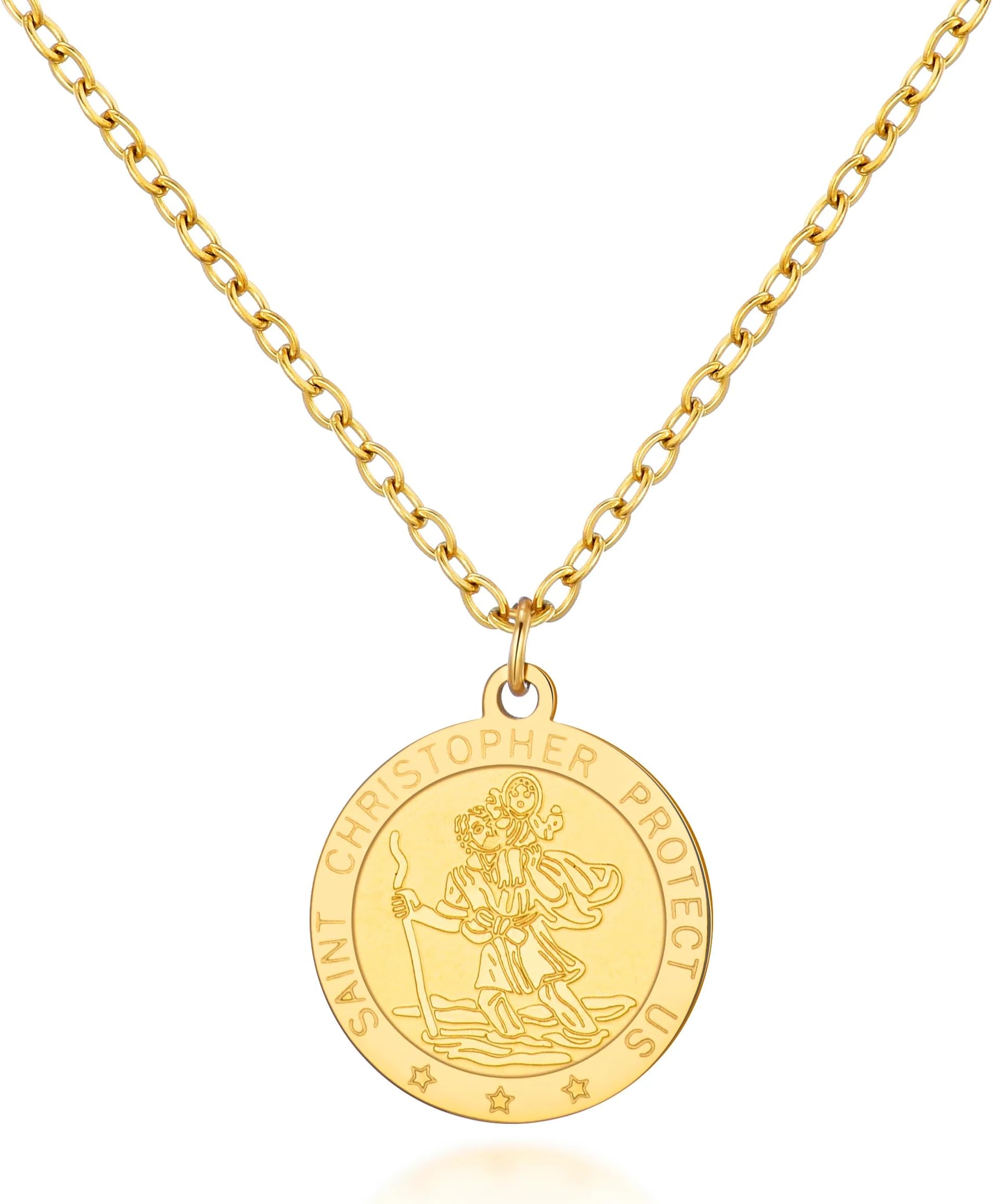 Philip Jones St Christopher Gold Plated Steel Necklace for Men, Alloy Steel, Christopher