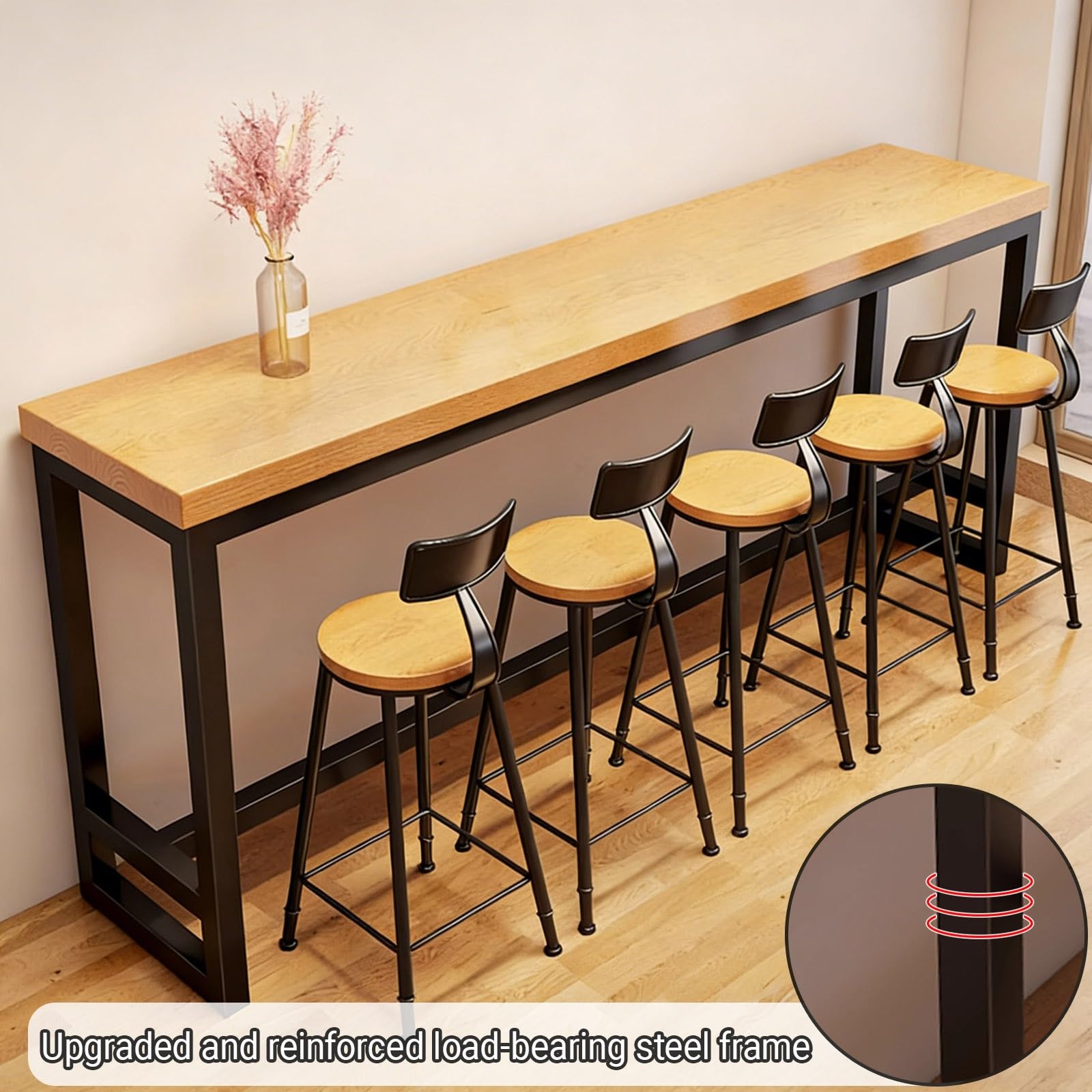 Live Edge - Tavolino alto con poggiapiedi, in legno massello, per casa, balcone e caffetteria, salvaspazio (legno naturale, 180 x 40 x 105 cm)