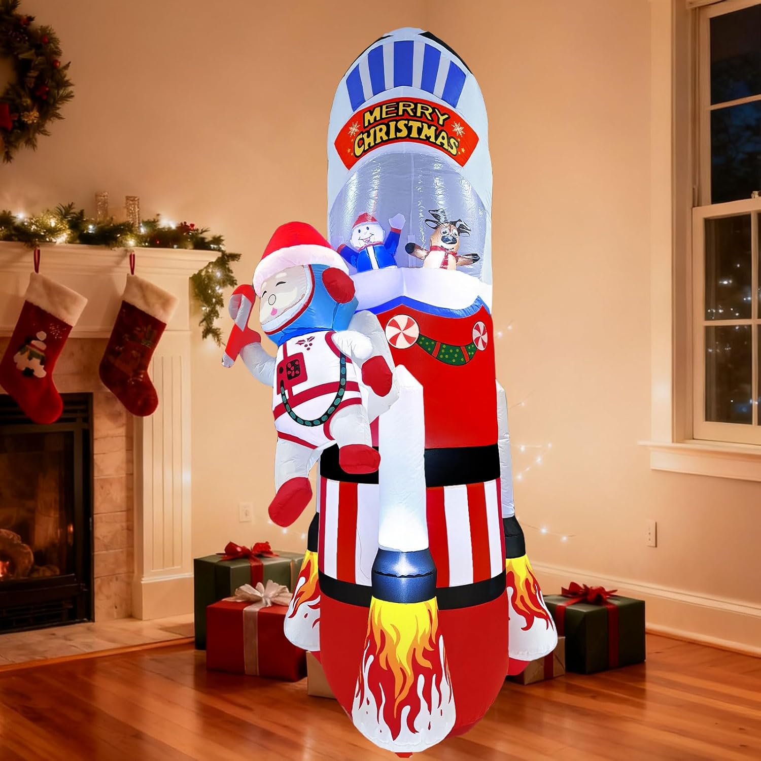 8FT Christmas Inflatables Space Outdoor Decorations, Blow Up Santa Claus Snowman Reindeer Rocket Yard Decoration Built-in Bright LED Lights for Indoor Outdoor Garden Lawn Decor Xmas Gifts
