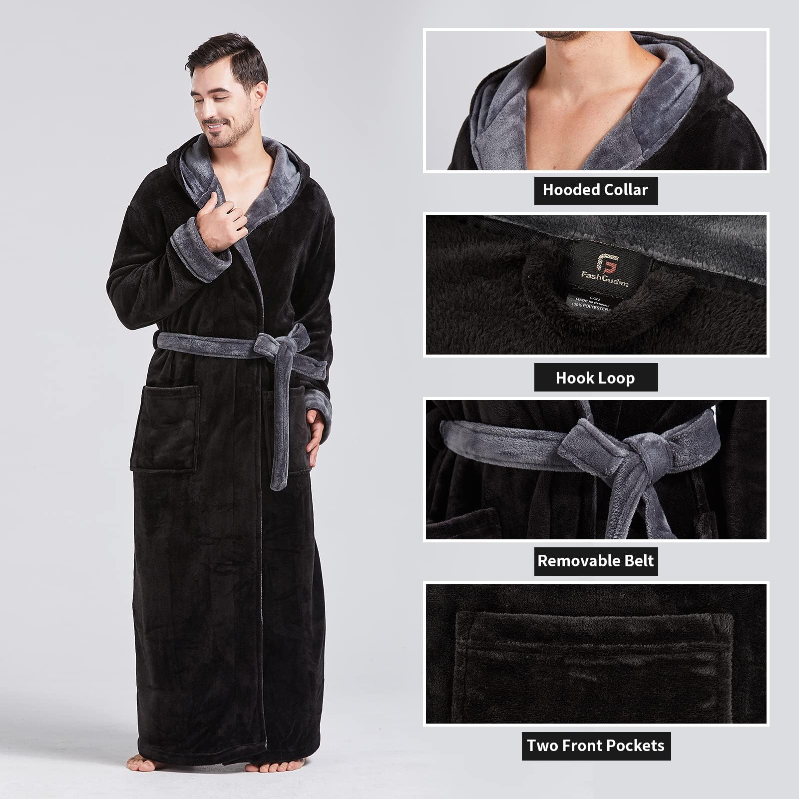 FashGudim Men's Hooded Plush Robe with Black Trim Full Length Plush Long Robe for Men Big and Tall Warm Fleece Bathrobes House Robes