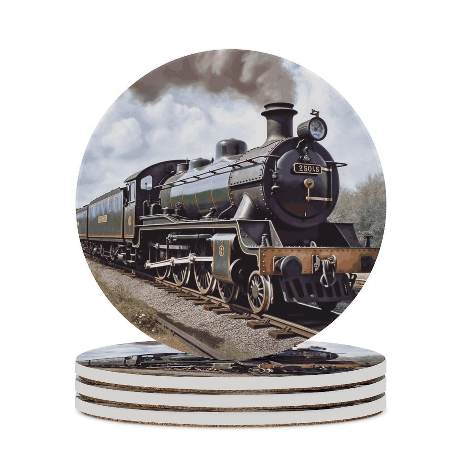 Steam Locomotive Train Coaster with Cork Base Drink Coasters for Coffee Table Decor Modern Cup Coasters with Non-Slip & Heat-Resistant Cute Ceramic Table Coaster for Home Dining