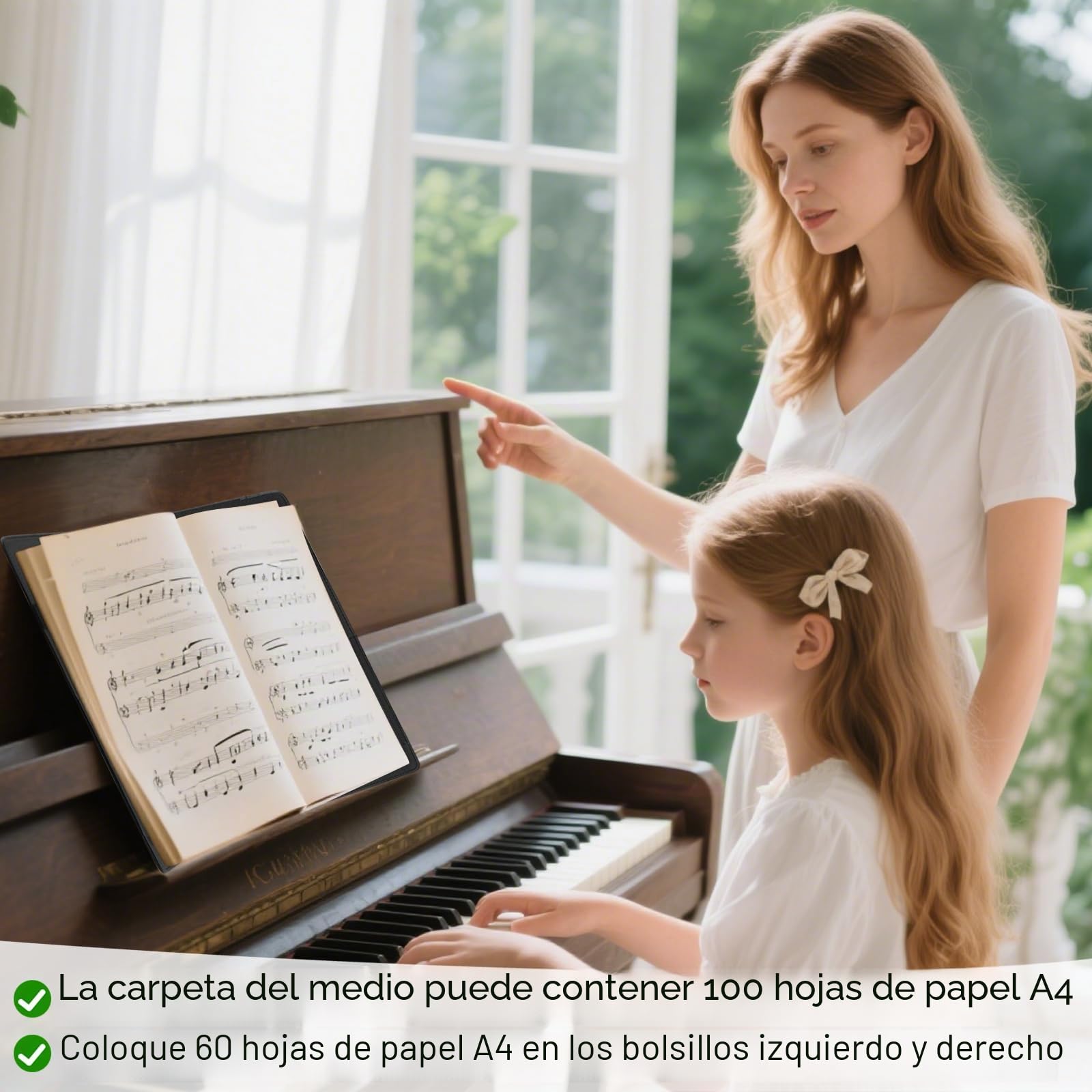 Carpeta de música, carpeta de partituras A4, de piel sintética con correa de mano, carpeta de piano con 30 bolsillos interiores, carpeta de partituras de musica coral