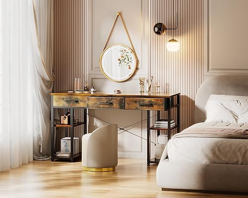 Miniatura 9 de ODK Escritorio pequeño para computadora de oficina: mesa para el hogar con cajones de tela y estantes de almacenamiento, escritorio moderno,