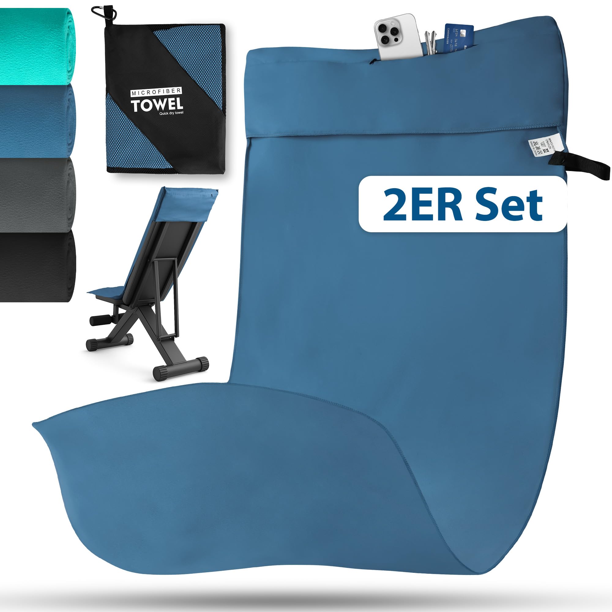 Novent Fitness Handtuch aus Mikrofaser 2er Set, 120x50cm Gym Handtuch mit Reißverschluss Tasche, Kompakt, rutschfest & Schnelltrocknend Sporthandtuch Fitnessstudio für Sport, Reise (Schwarz)