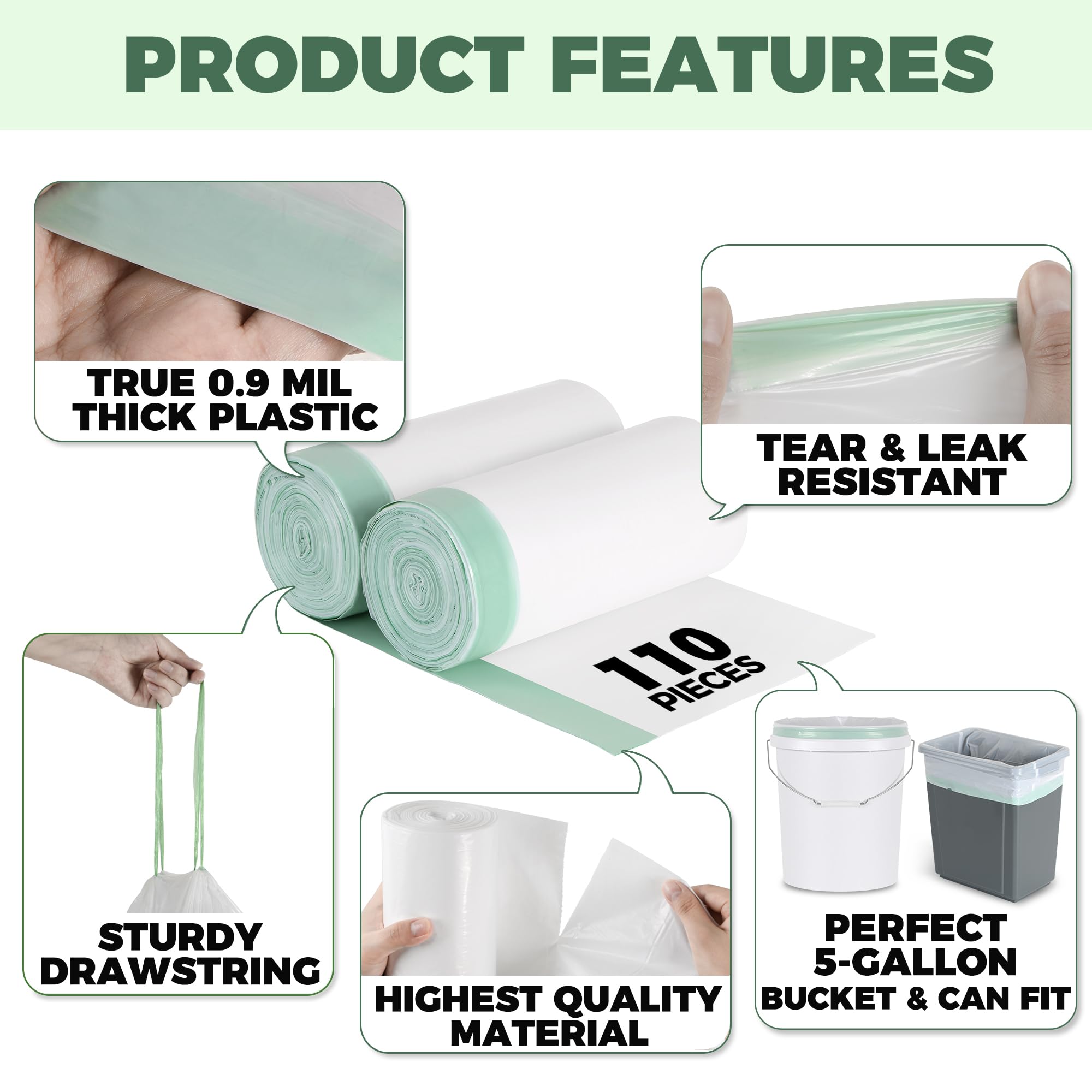 Storage Standard 110-Pack 5 Gallon Trash Bags Drawstring – Fits Five Gallon Buckets, White Small Garbage Bags for Bathroom Can, Leak-Resistant & Heavy-Duty 0.9 Mil Thick Plastic Small Trash Can Liners