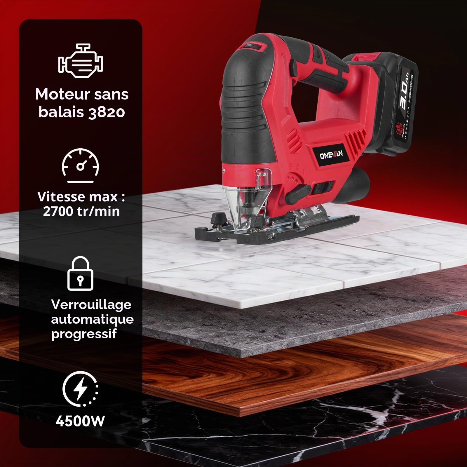 ONEVAN Scie Sauteuse sans Fil Raccord d'Aspiration 24mm Course 2x3,0Ah | 3 réglages orbitaux, coupe d'onglet ±45°, 7 vitesses, LED & aspiration intégrée, coupe bois 56mm & acier 6mm, Pour bricolage