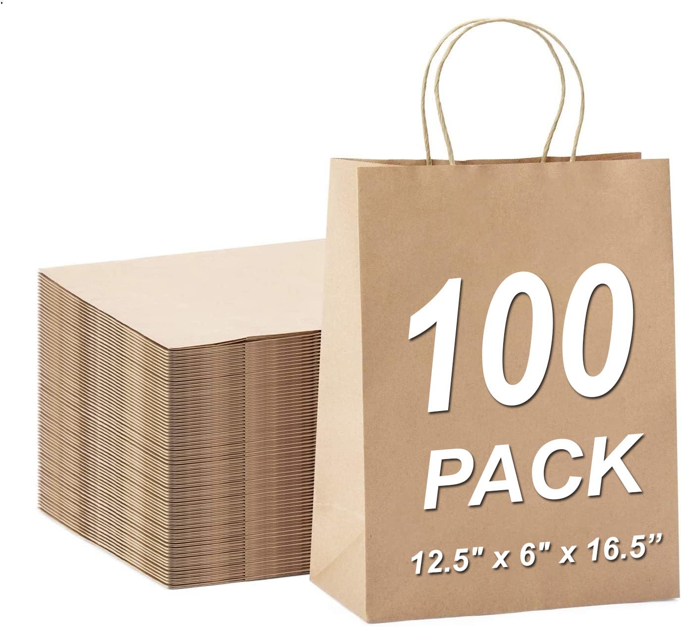 Aakriti Craft Paper Bags, Rakhi Gift Bags with Handles, Small Craft Shopping Bags in Bulk for Boutiques, Small Business, Retail Stores, Gifts & Merchandise (BROWN-100PCS, LARGE-12.5" x 6" x 16.5")
