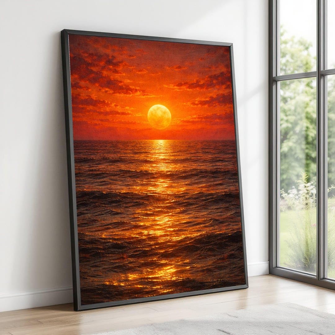 YUSUZHU Goldener Sonnenuntergang über dem Meer – Leinwandbild, Himmels-Wandkunst, Meereslandschaft, Warmes Licht als Wohndekoration, Sonnenuntergangs-Reflexions-Leinwandbild (40x60cm/Rahmenlos)