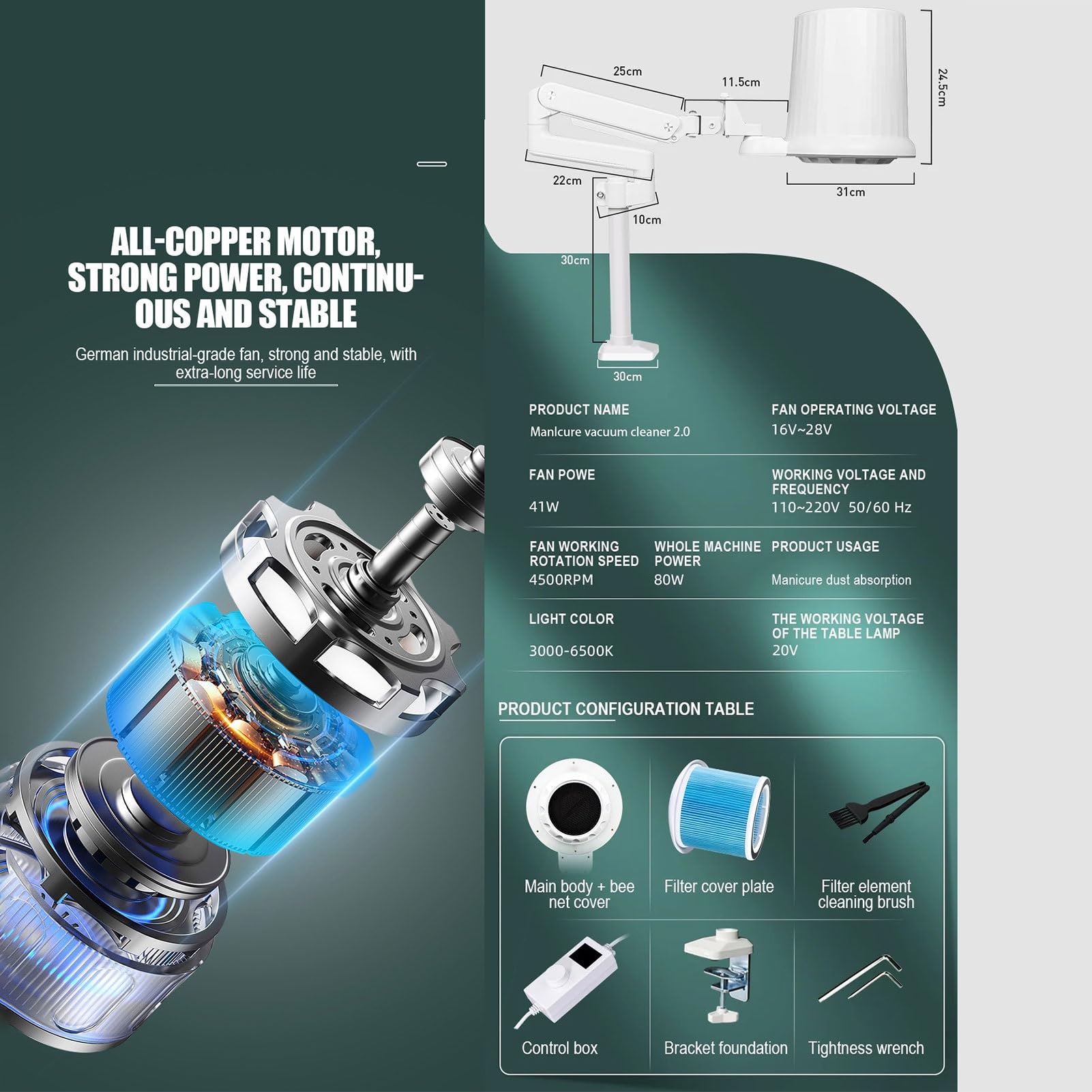 Aspiratore Unghie con Luce, Aspirapolvere Industriale per Unghie da 80 W con Filtro Riutilizzabile E Supporto da Tavolo Universale, Ventilatore A Basso Rumore per Lucidatura E Salone